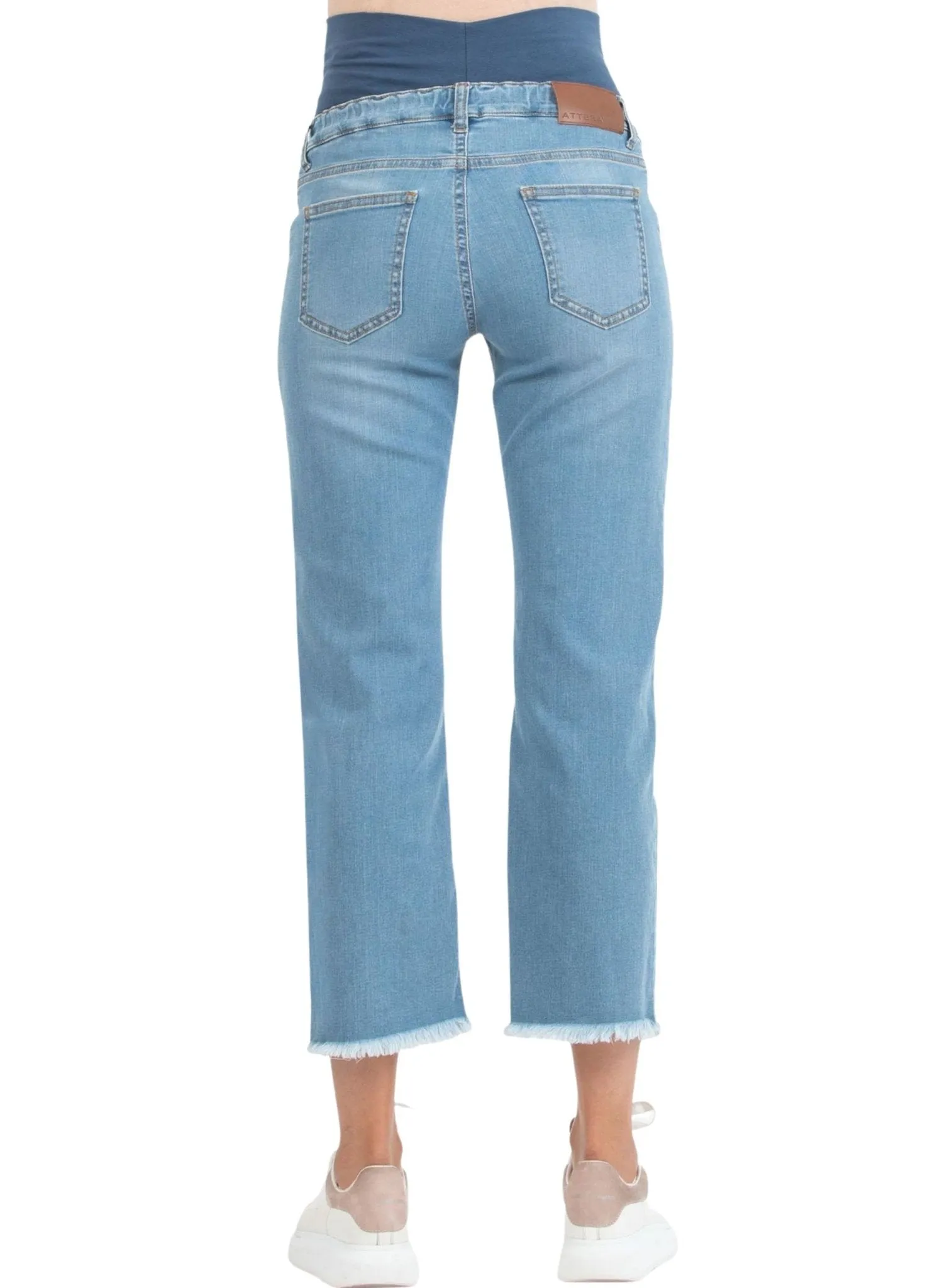 Cropped Straight Maternity Jeans with Fringed Hem - Light Wash