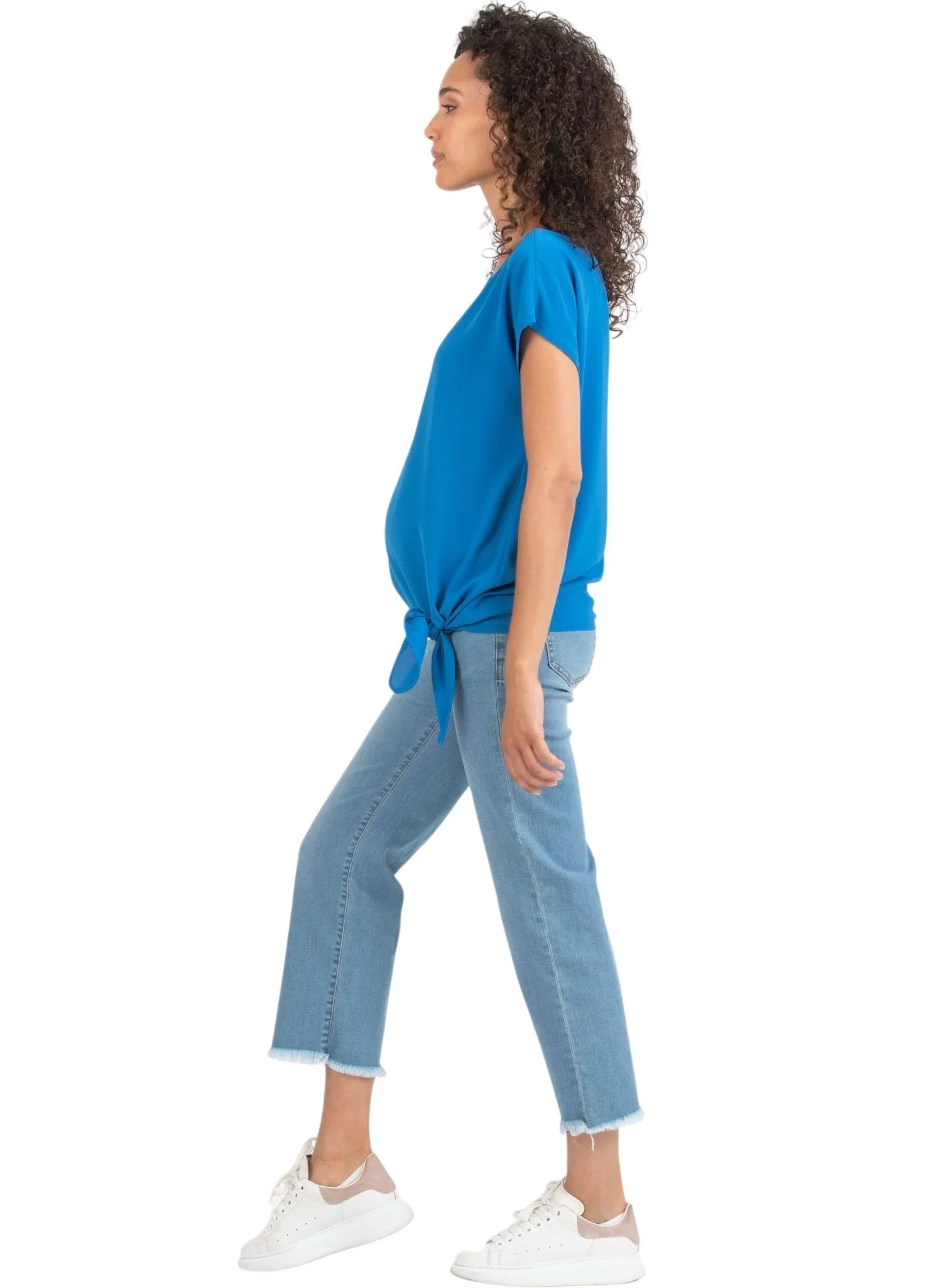 Cropped Straight Maternity Jeans with Fringed Hem - Light Wash