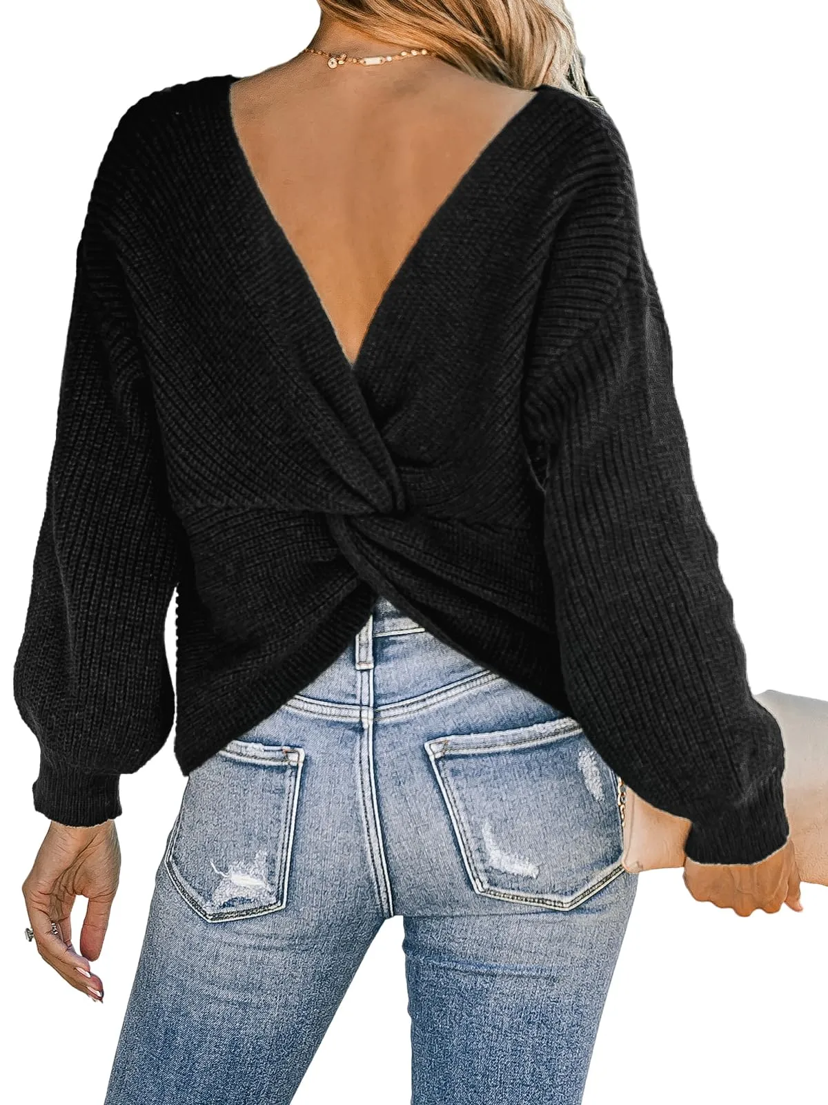 CUPSHE Women's Round Neck Sweater Twist Back Pullover with Long Sleeves Ribbed Chunky Knit Sweaters