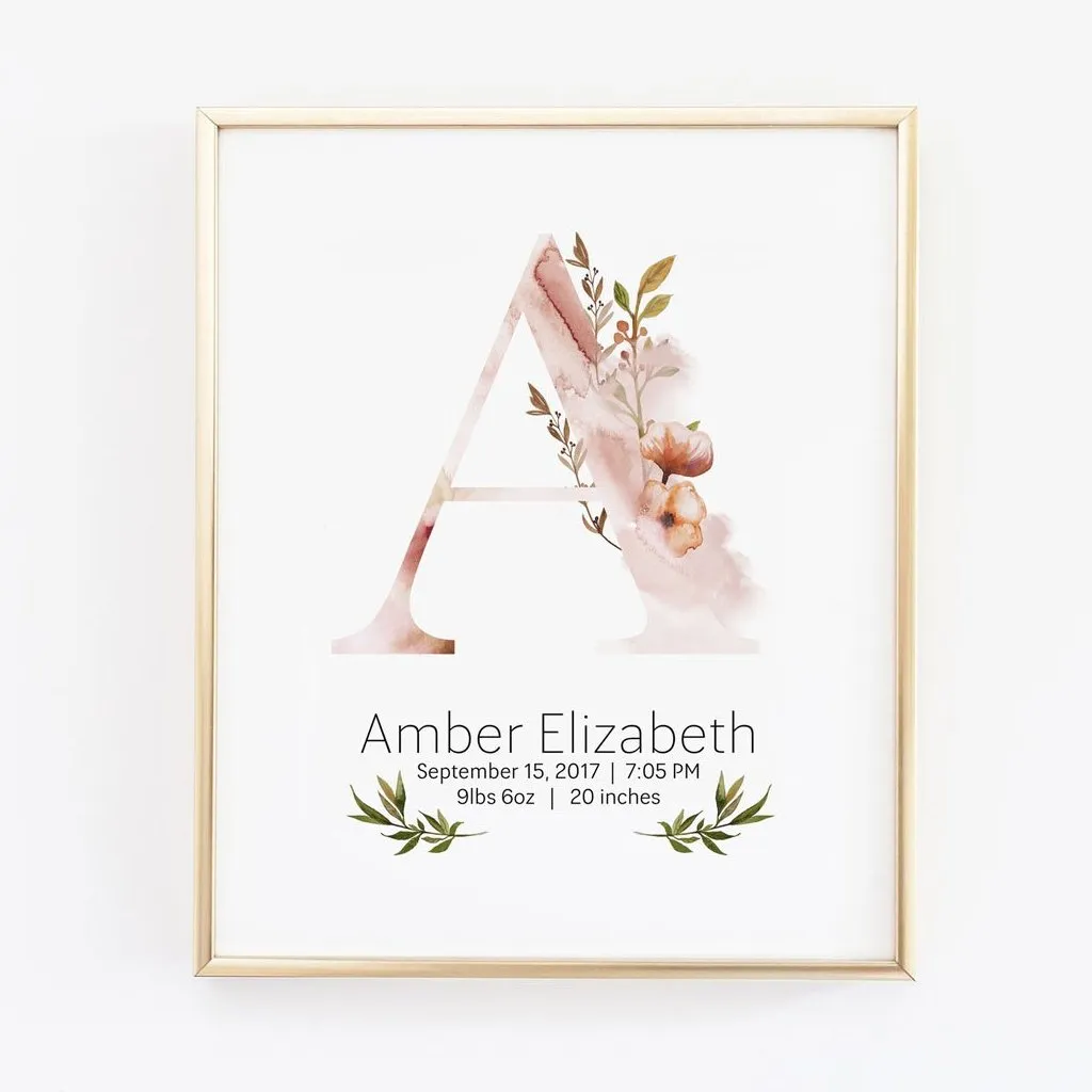 Customized Girl Name Wall Art with Baby Birth Stat Details