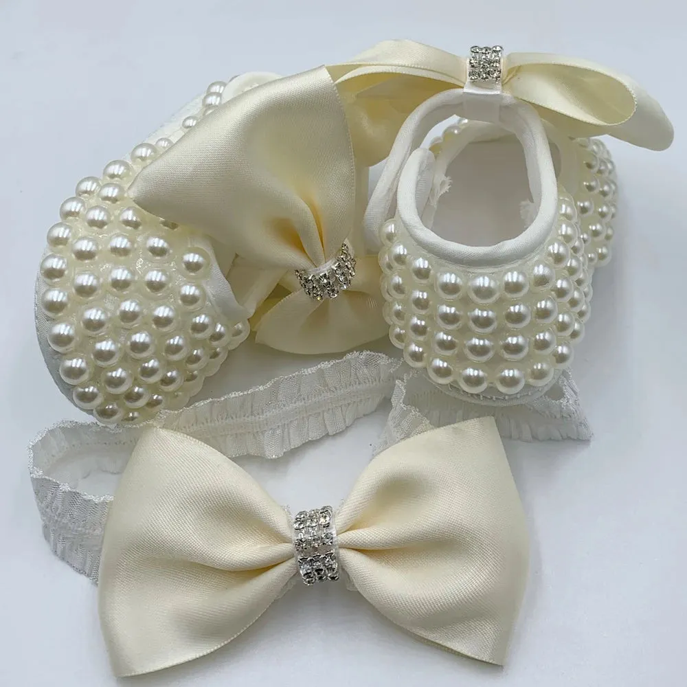 Dolly Bling Pram Shoes Ivory Beaded withhead band