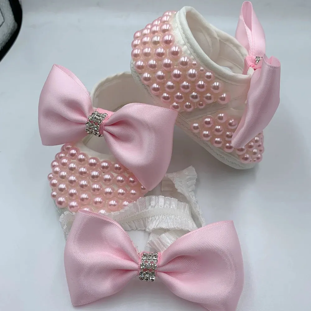 Dolly Bling Pram Shoes Pink Beaded withhead band