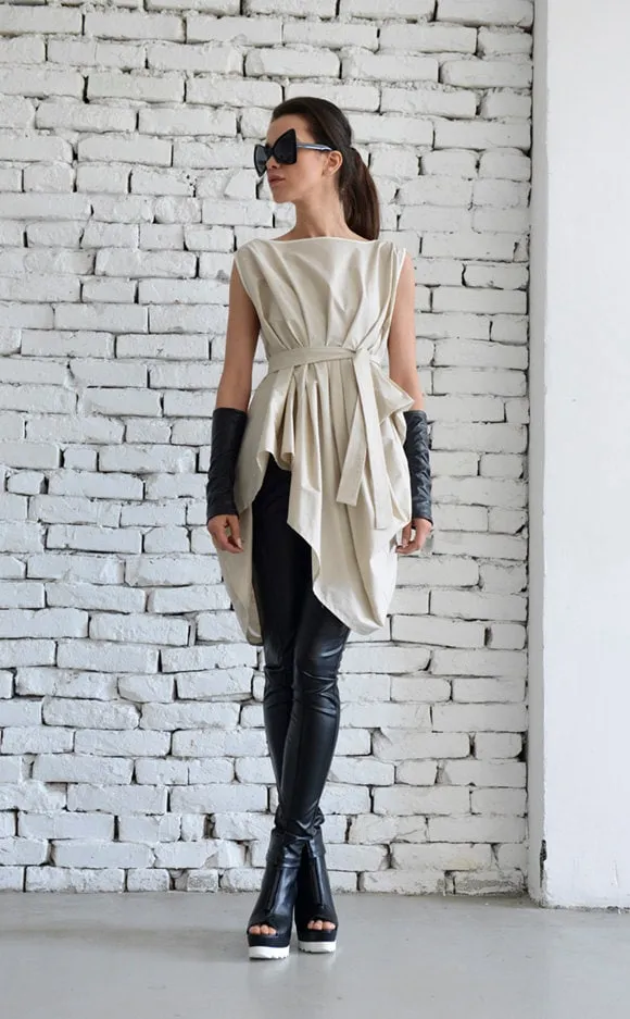 Draped Tunic With Removable Belt In Beige