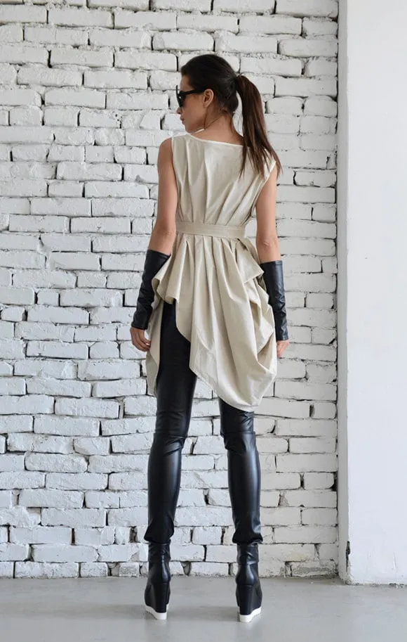 Draped Tunic With Removable Belt In Beige