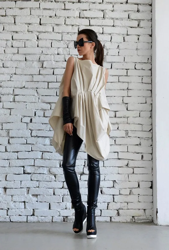 Draped Tunic With Removable Belt In Beige