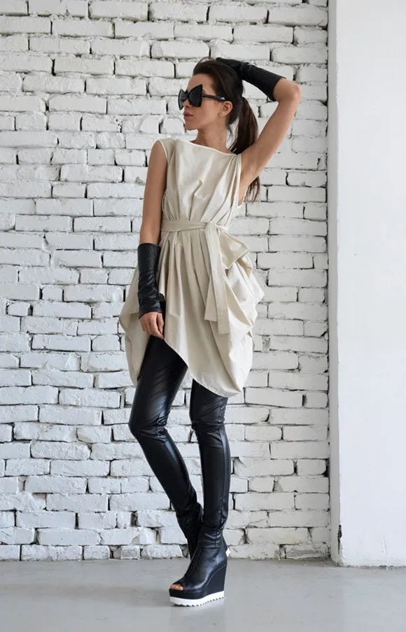 Draped Tunic With Removable Belt In Beige