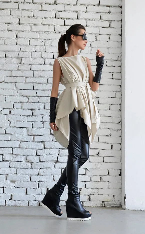 Draped Tunic With Removable Belt In Beige