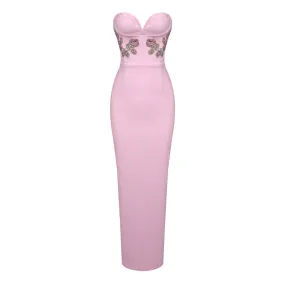 Elegant Crystal Floral Strapless Bustier Split Bodycon Bandage Maxi Formal Dress