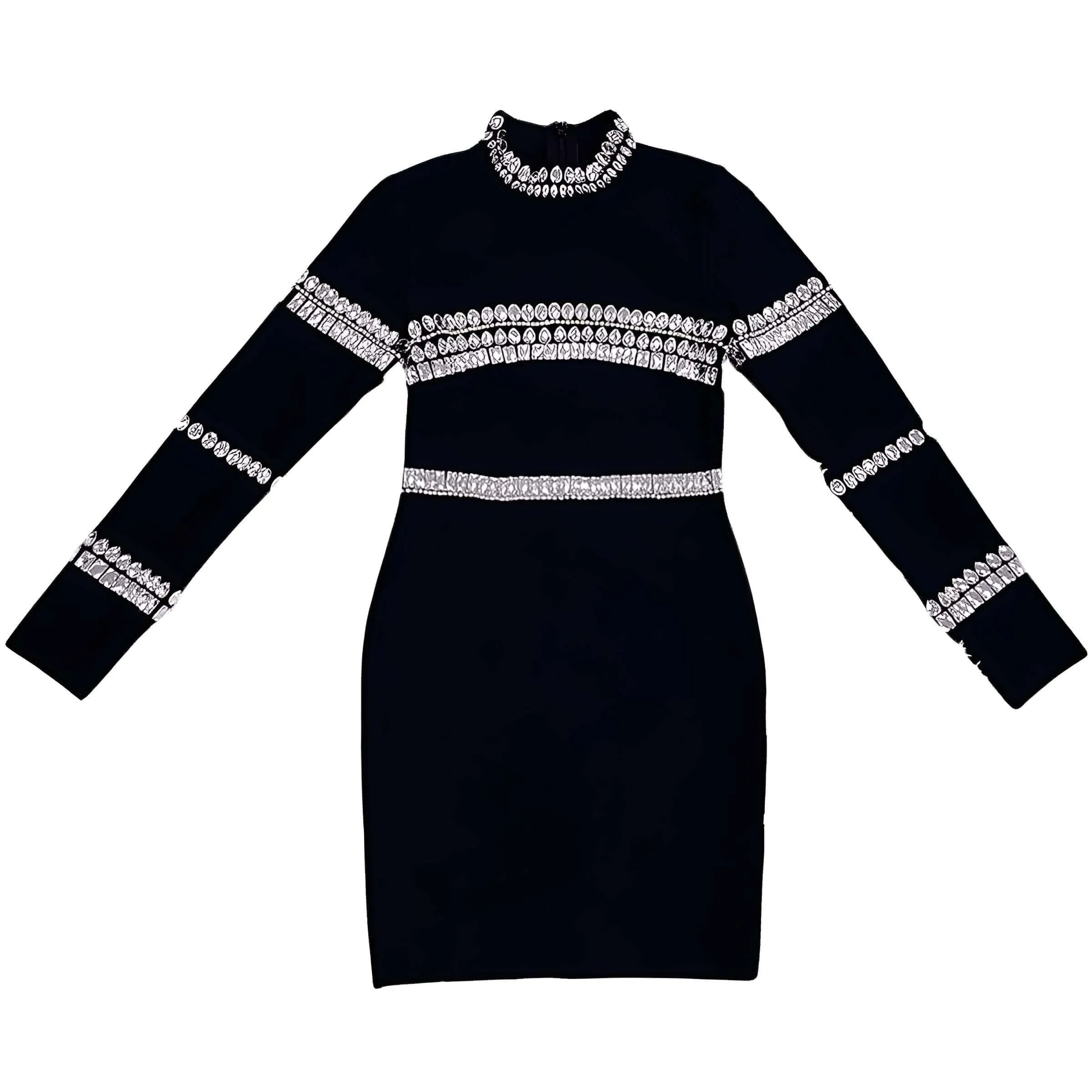 Elegant Long Sleeve Diamond Black Mini Bandage Dress Women