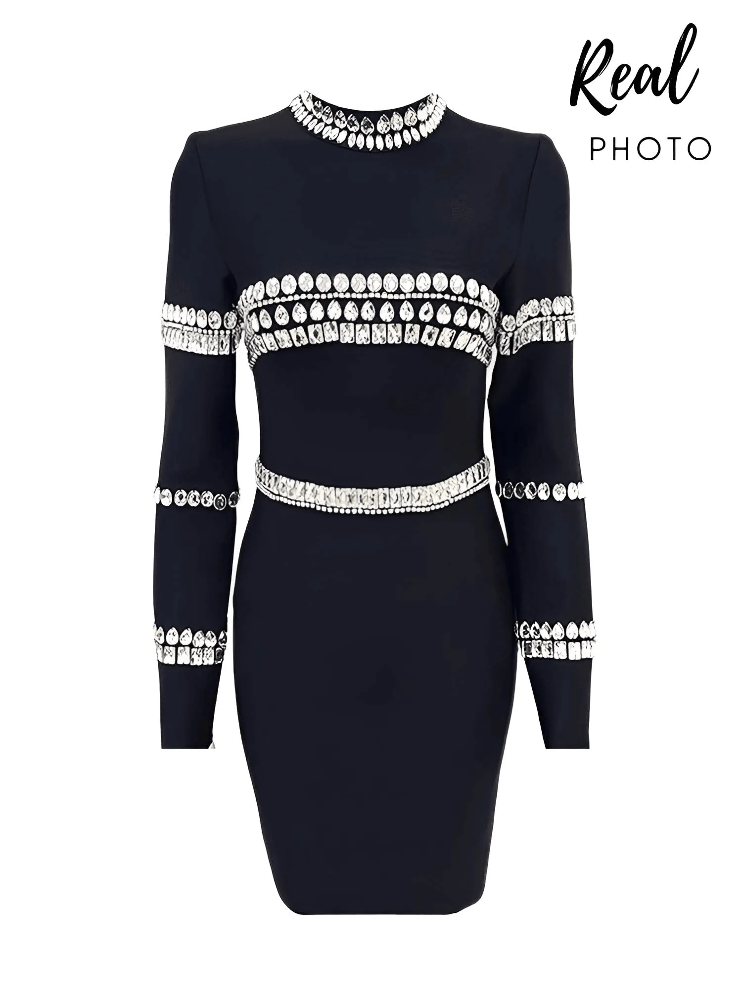 Elegant Long Sleeve Diamond Black Mini Bandage Dress Women