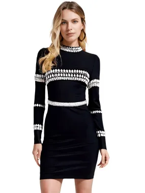 Elegant Long Sleeve Diamond Black Mini Bandage Dress Women