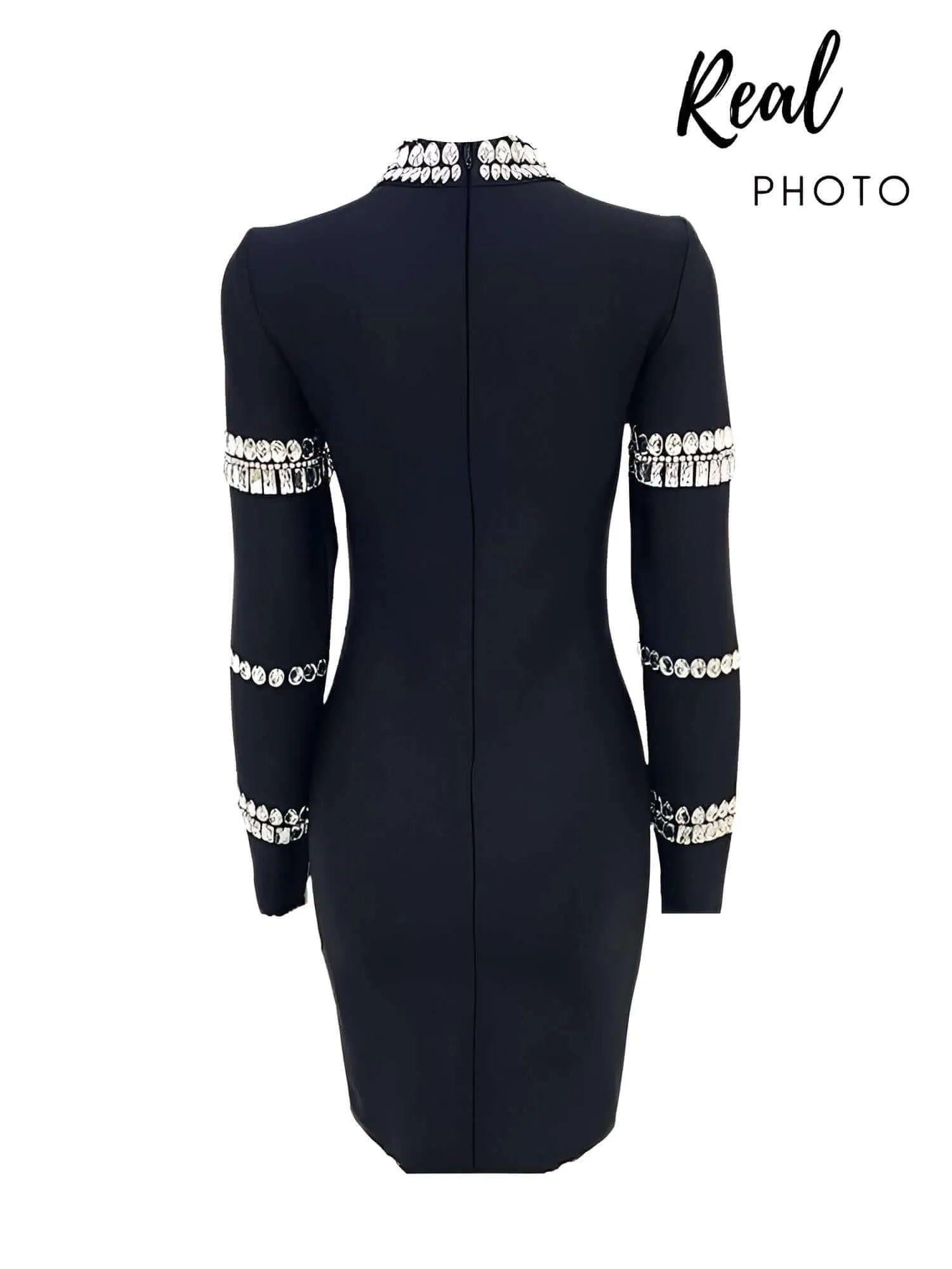 Elegant Long Sleeve Diamond Black Mini Bandage Dress Women