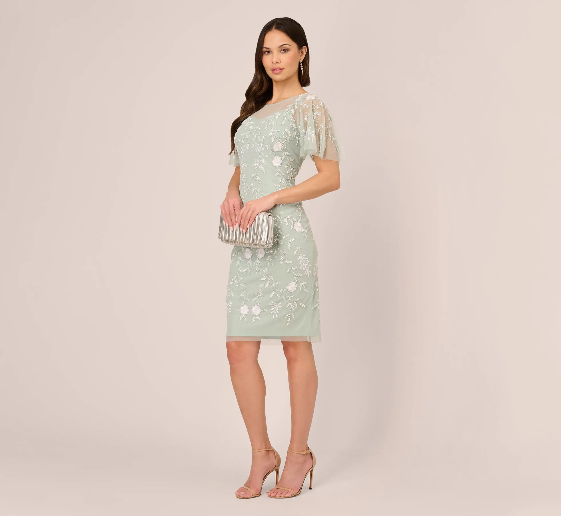 Floral Beaded Dress With Sheer Flutter Sleeves In Icy Sage Ivory