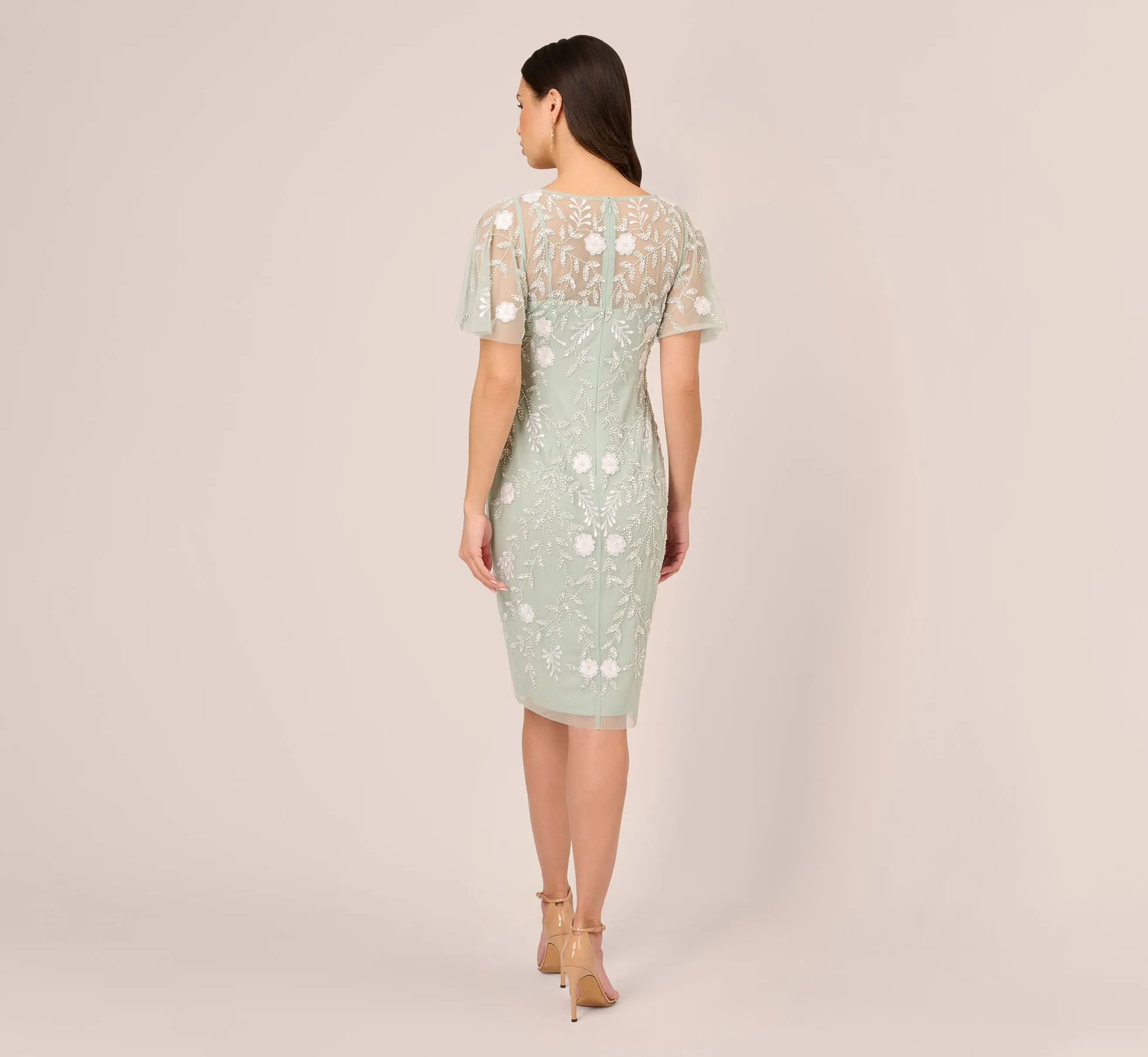 Floral Beaded Dress With Sheer Flutter Sleeves In Icy Sage Ivory