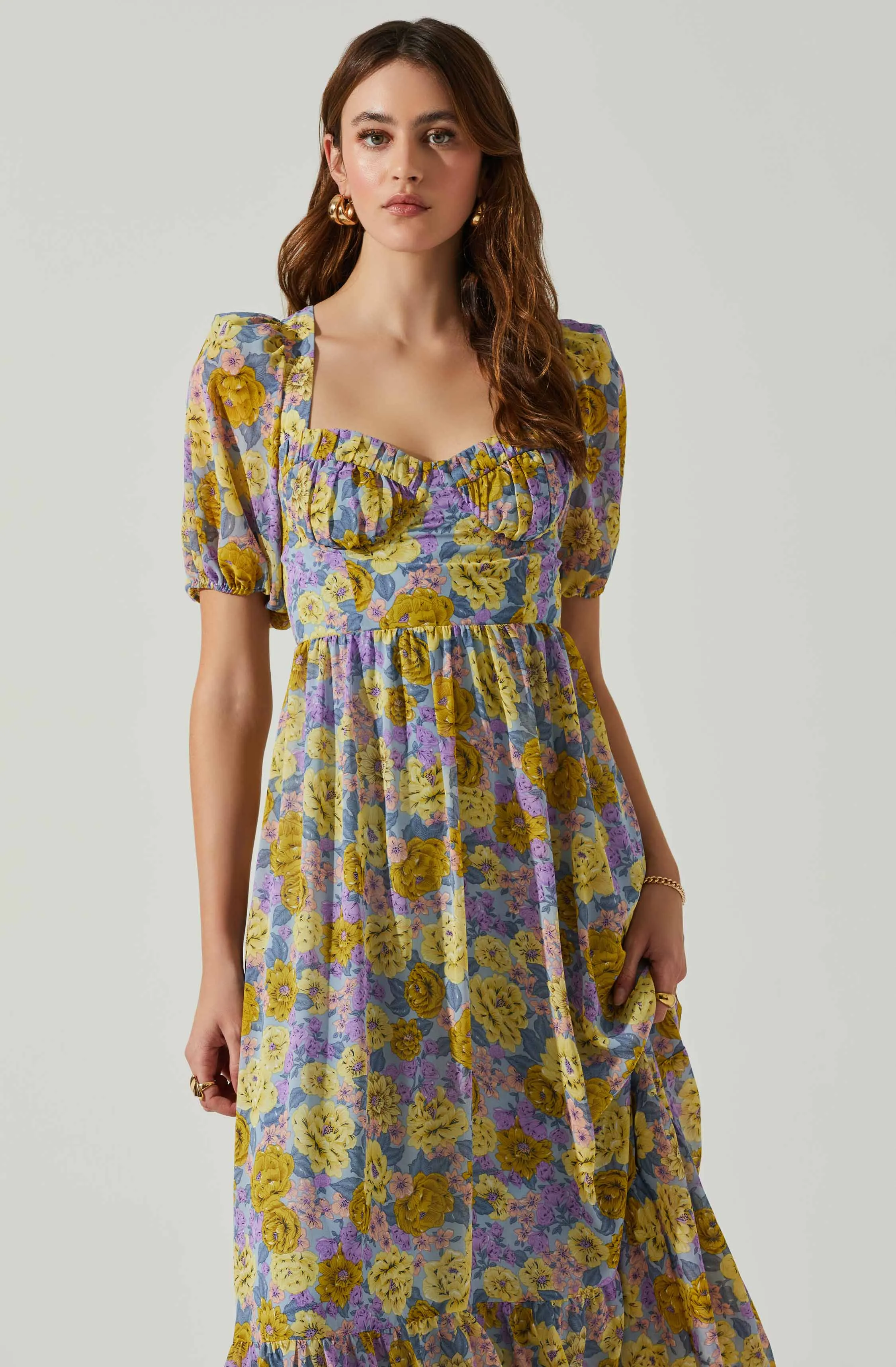 Floral Sweetheart Neck Midi Dress