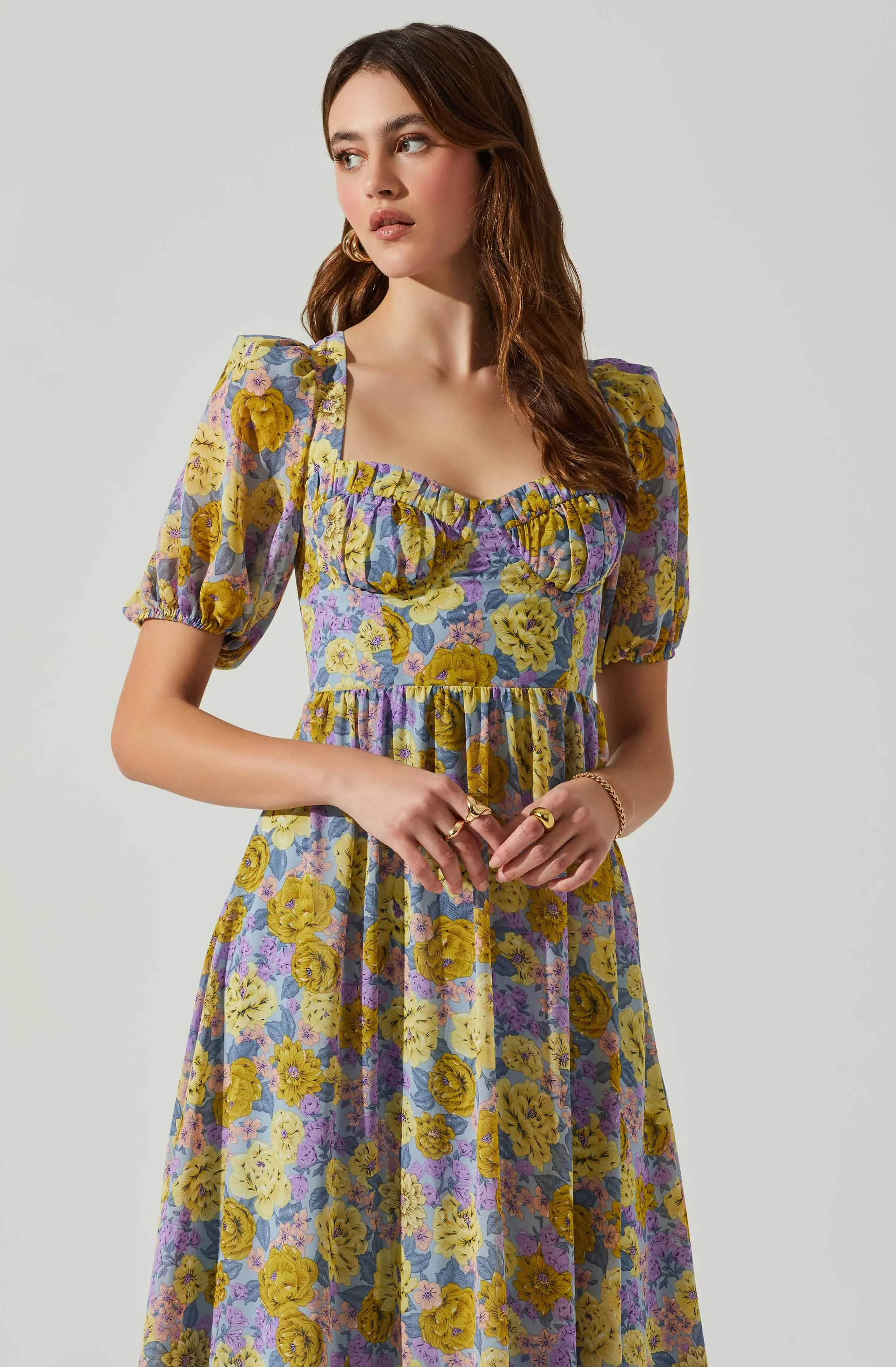 Floral Sweetheart Neck Midi Dress