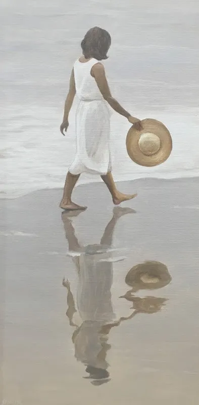 HAT IN HAND By David Schock - Figurative Painting of a Woman Walking on the Beach