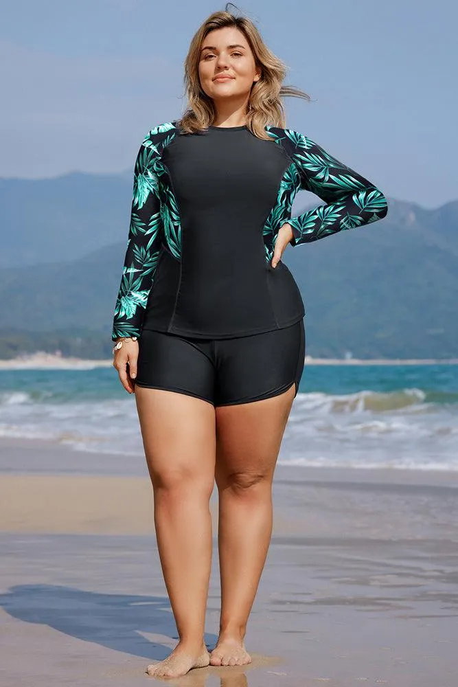 HN Women Plus Size Contrast Color Swimsuit Long Sleeve Tops High Waist Briefs