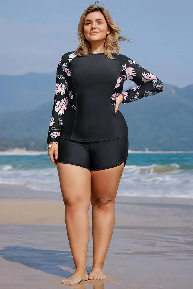 HN Women Plus Size Contrast Color Swimsuit Long Sleeve Tops High Waist Briefs