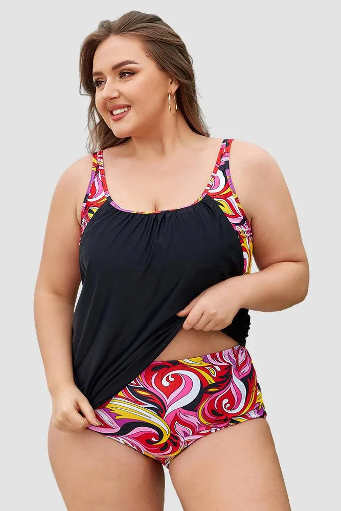 HN Women Plus Size Swimsuit Faux Twinset Padded Swim Tops High Waist Briefs