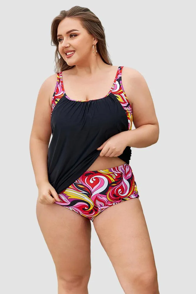 HN Women Plus Size Swimsuit Faux Twinset Padded Swim Tops High Waist Briefs