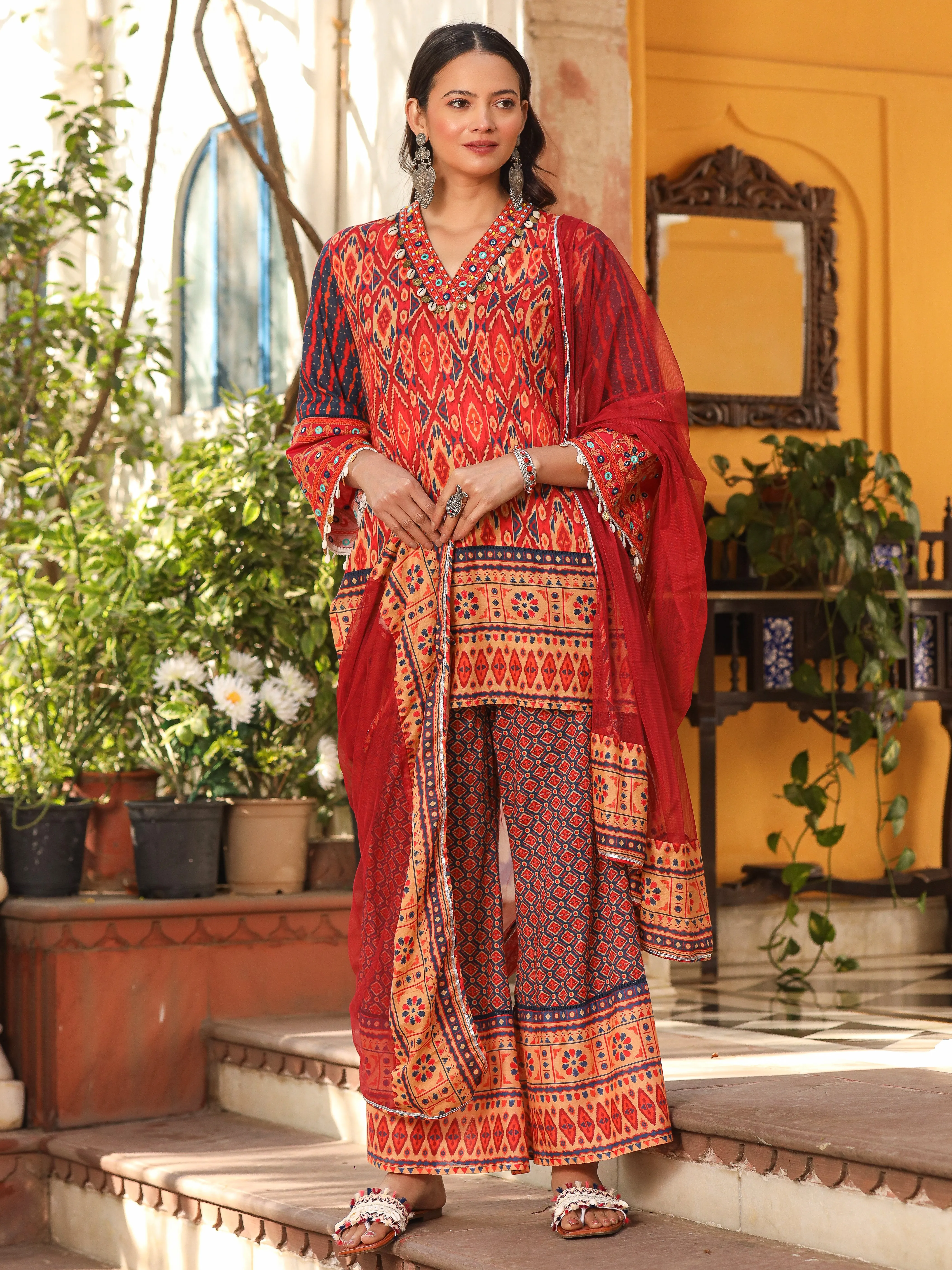 Juniper Rust Ikat Printed Cotton Voile Kurta Bell Bottom & Dupatta Set  With Coins Kaudis & Mirror Work