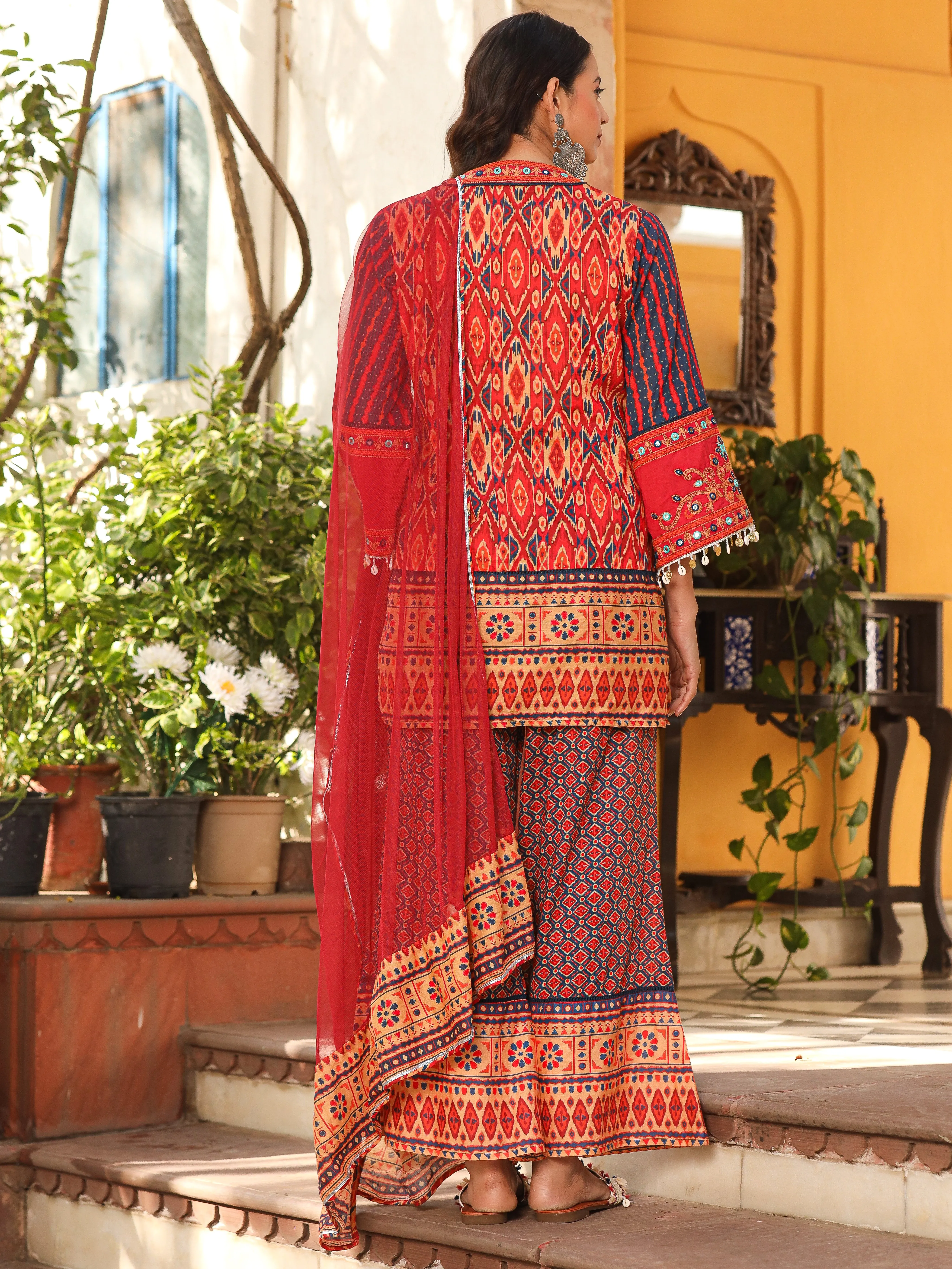 Juniper Rust Ikat Printed Cotton Voile Kurta Bell Bottom & Dupatta Set  With Coins Kaudis & Mirror Work