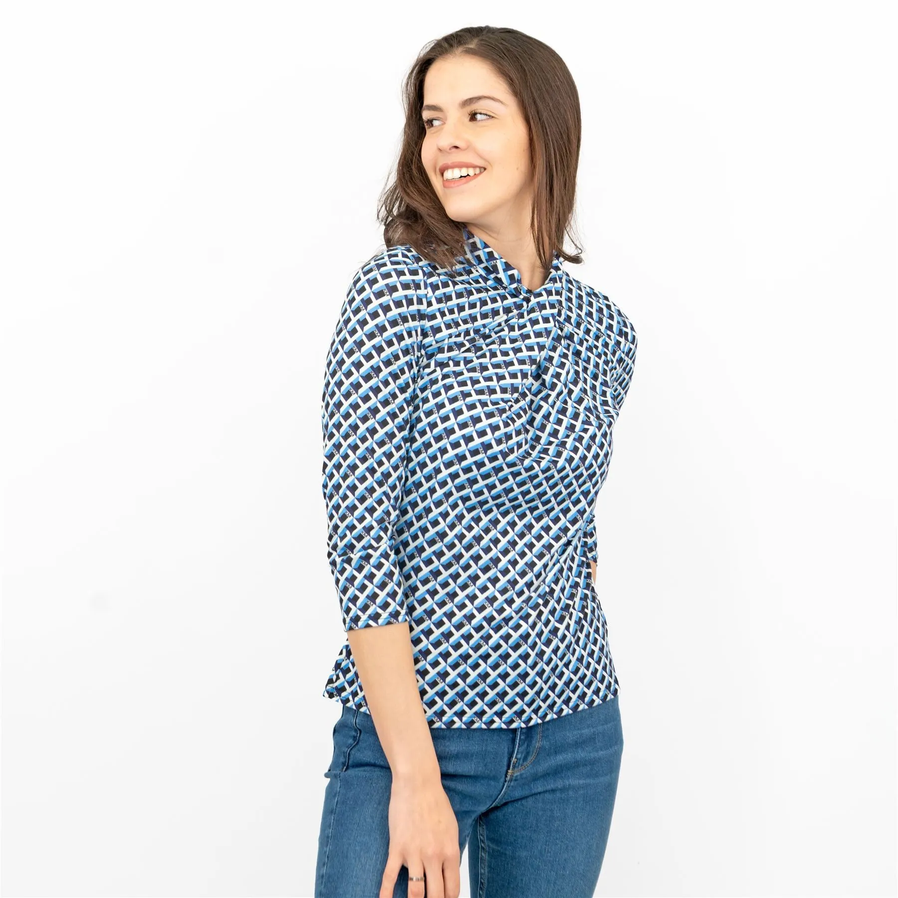 Karen Millen Blue Geometric Print KM Logo Short Sleeve Tops