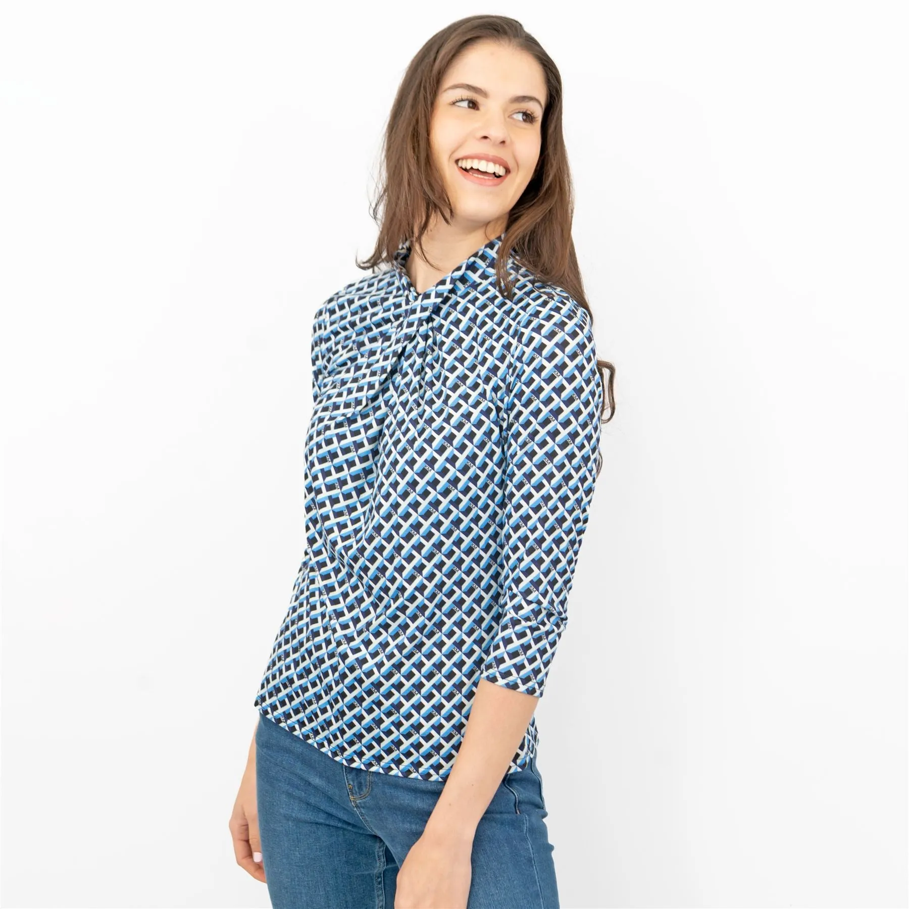 Karen Millen Blue Geometric Print KM Logo Short Sleeve Tops