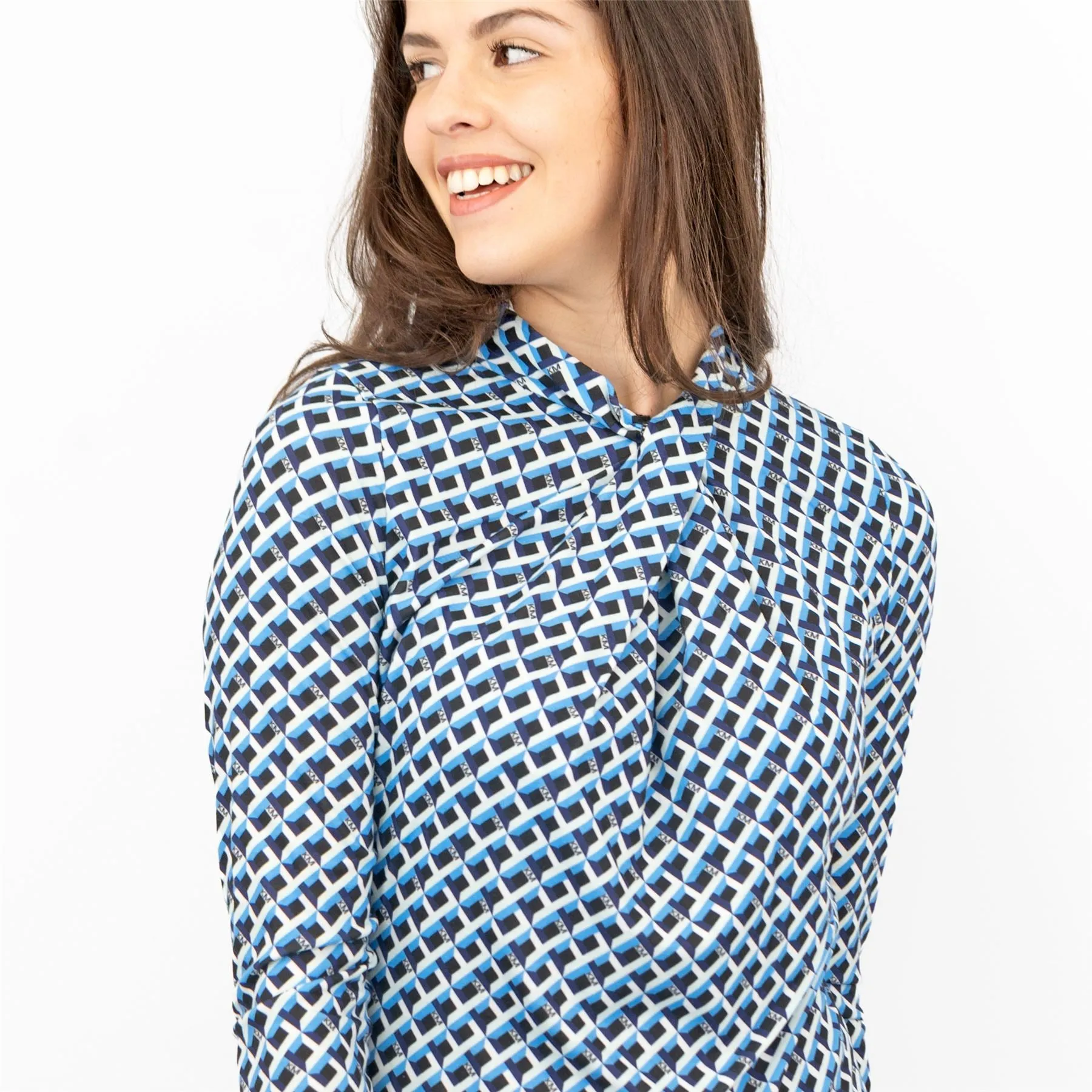 Karen Millen Blue Geometric Print KM Logo Short Sleeve Tops