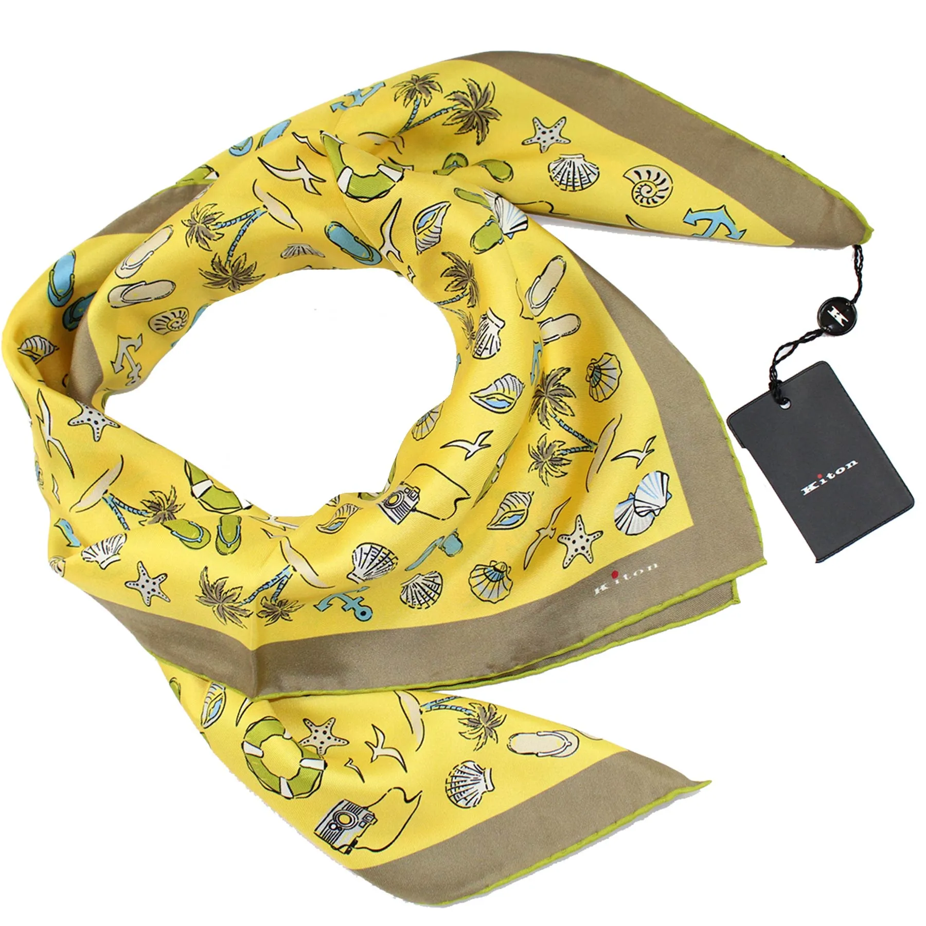 Kiton Scarf Yellow Beach Design - Square Twill Silk Foulard FINAL SALE