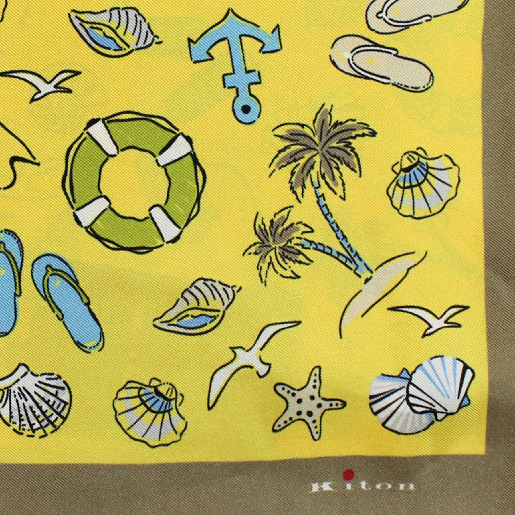 Kiton Scarf Yellow Beach Design - Square Twill Silk Foulard FINAL SALE