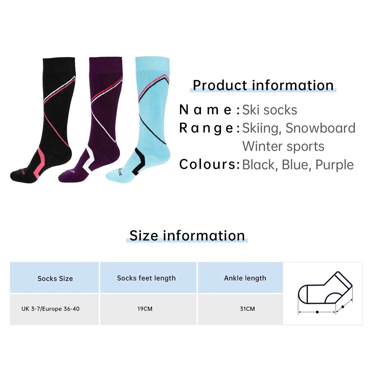 Laulax 3 Pairs Ladies Long Hose Cashmere-Like Ski Socks, Size UK 3 - 7 / Europe 36 - 40, Gift Set, Purple, Blue, Black