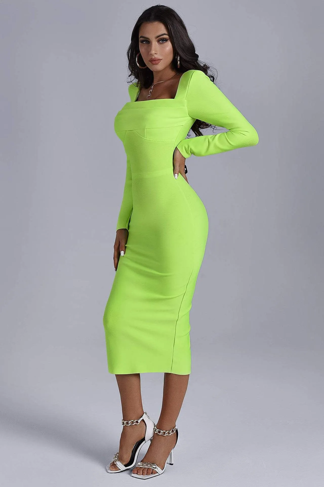 Long Sleeve Square-neck Elegant Slim-fit Dress