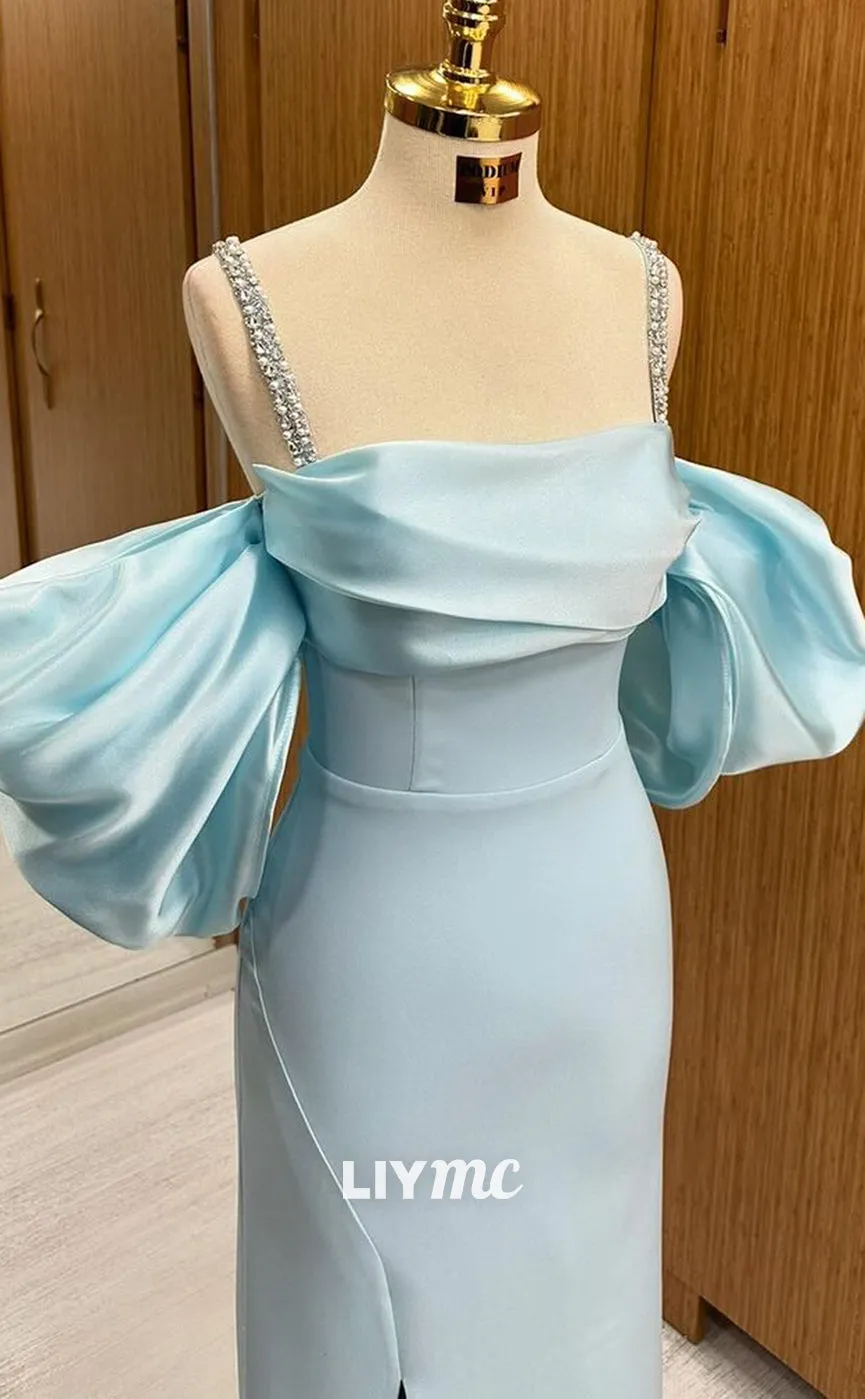 LP1342 - Elegant & Glamorous Sheath Off-Shoulder Baby Blue Stain Ruched Crystal Straps Floor-Length Prom Party Dress