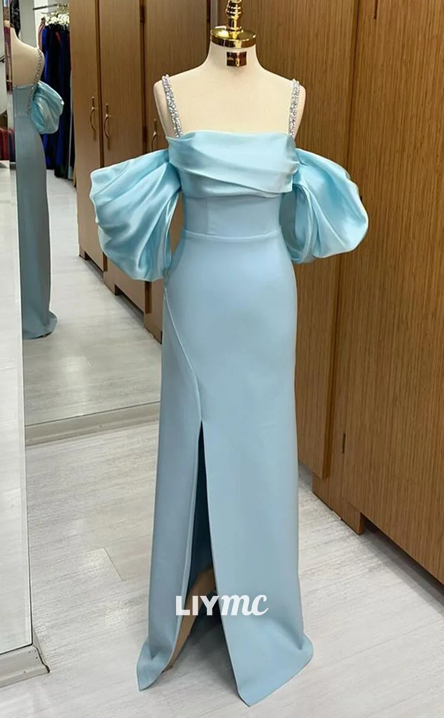 LP1342 - Elegant & Glamorous Sheath Off-Shoulder Baby Blue Stain Ruched Crystal Straps Floor-Length Prom Party Dress