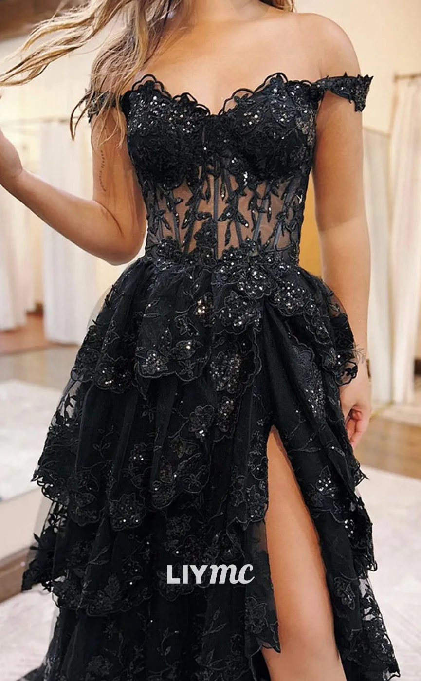 LP1902 - A-Line Sweetheart Neck Tulle Sequin Lace Black Long Prom Dress