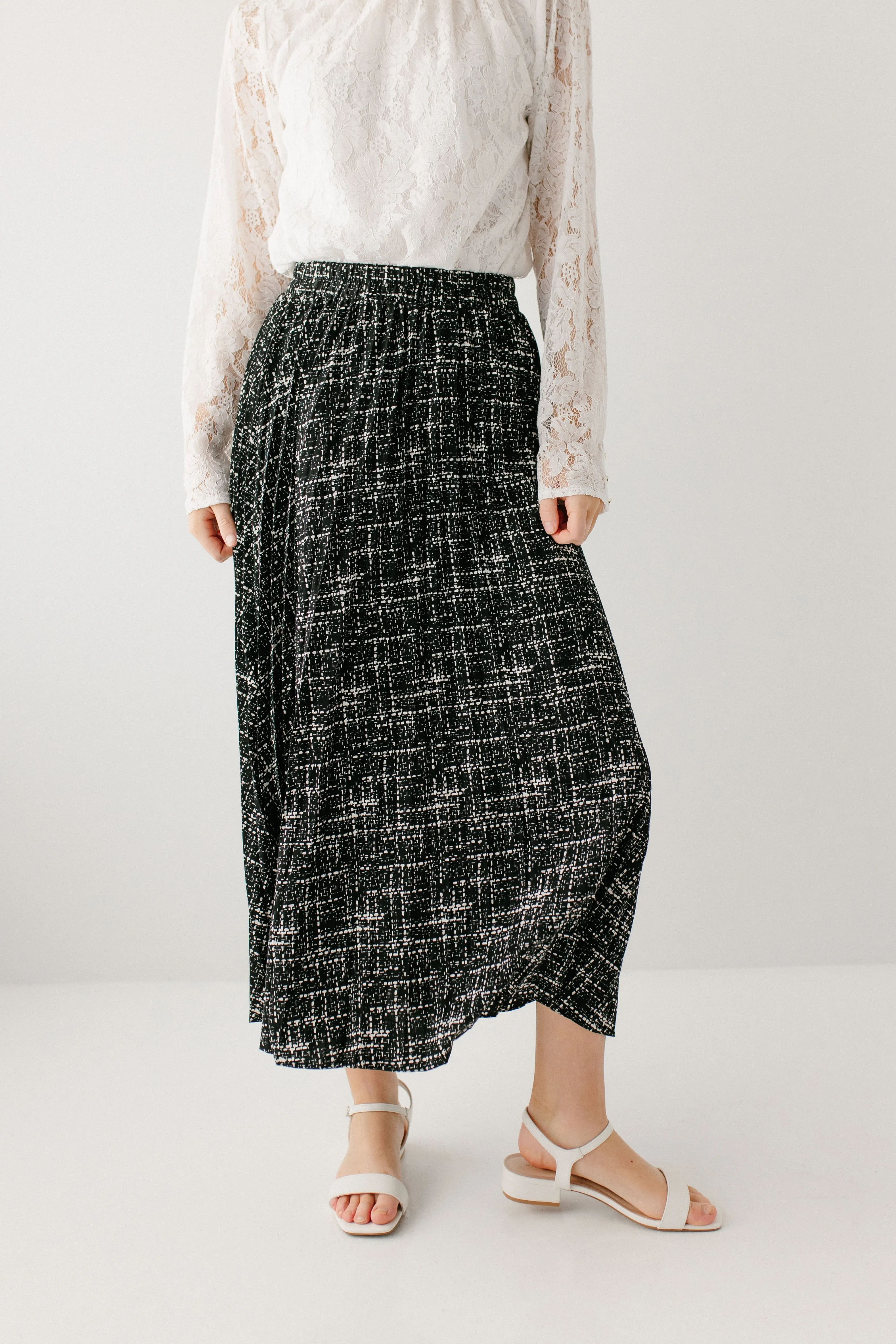 'Lucille' Pleated Print Midi Skirt in Black FINAL SALE