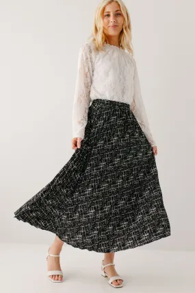 'Lucille' Pleated Print Midi Skirt in Black FINAL SALE