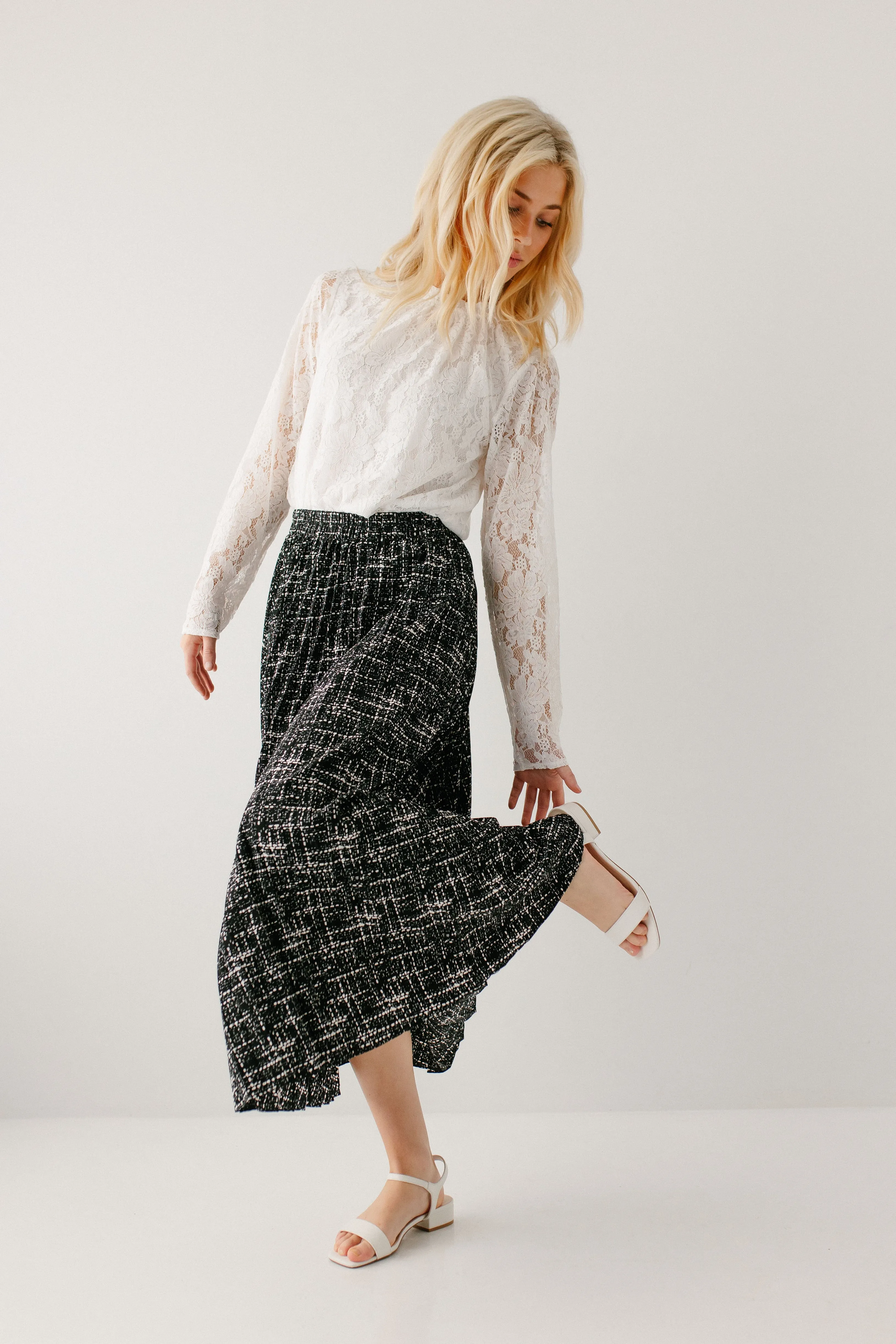 'Lucille' Pleated Print Midi Skirt in Black FINAL SALE