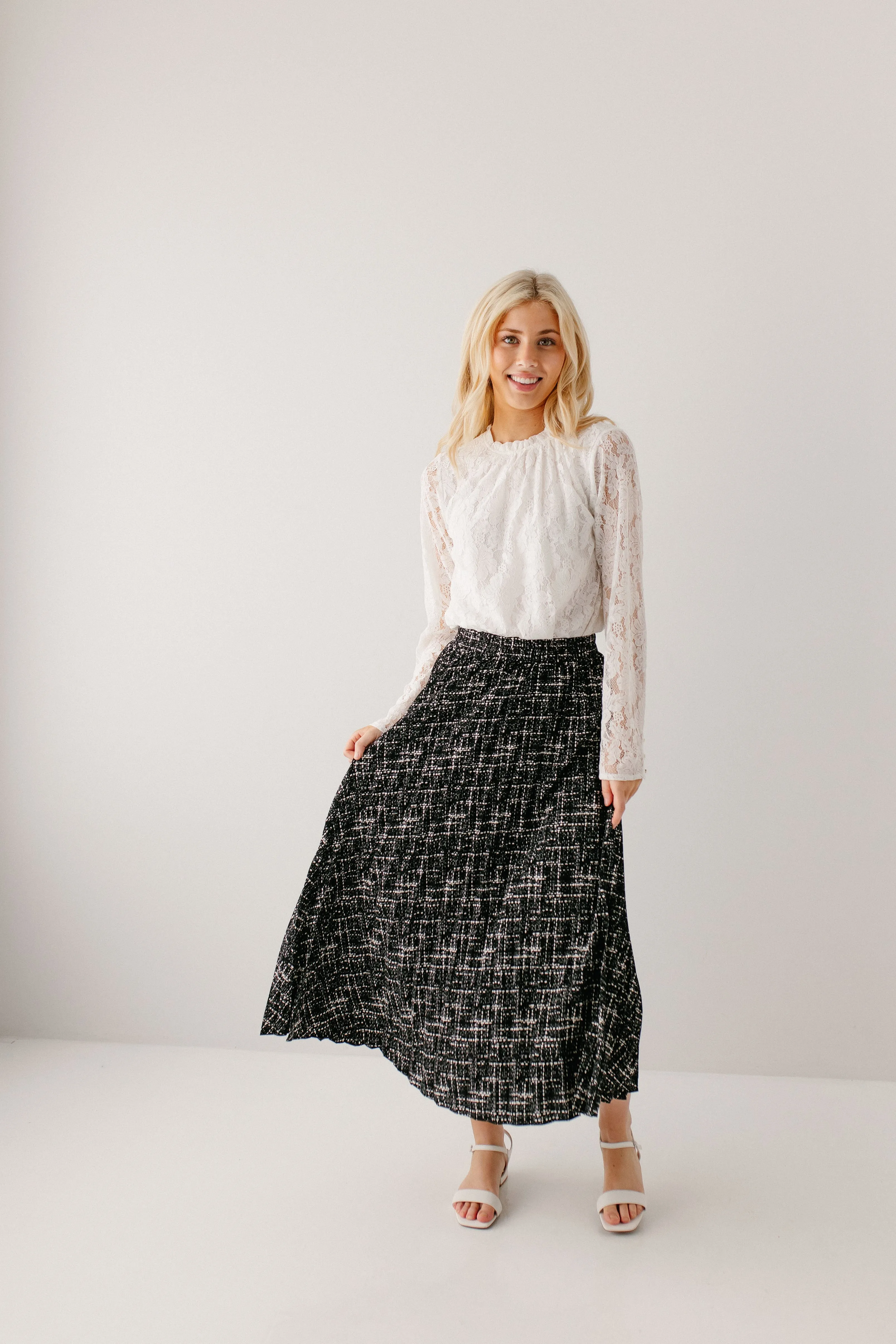 'Lucille' Pleated Print Midi Skirt in Black FINAL SALE