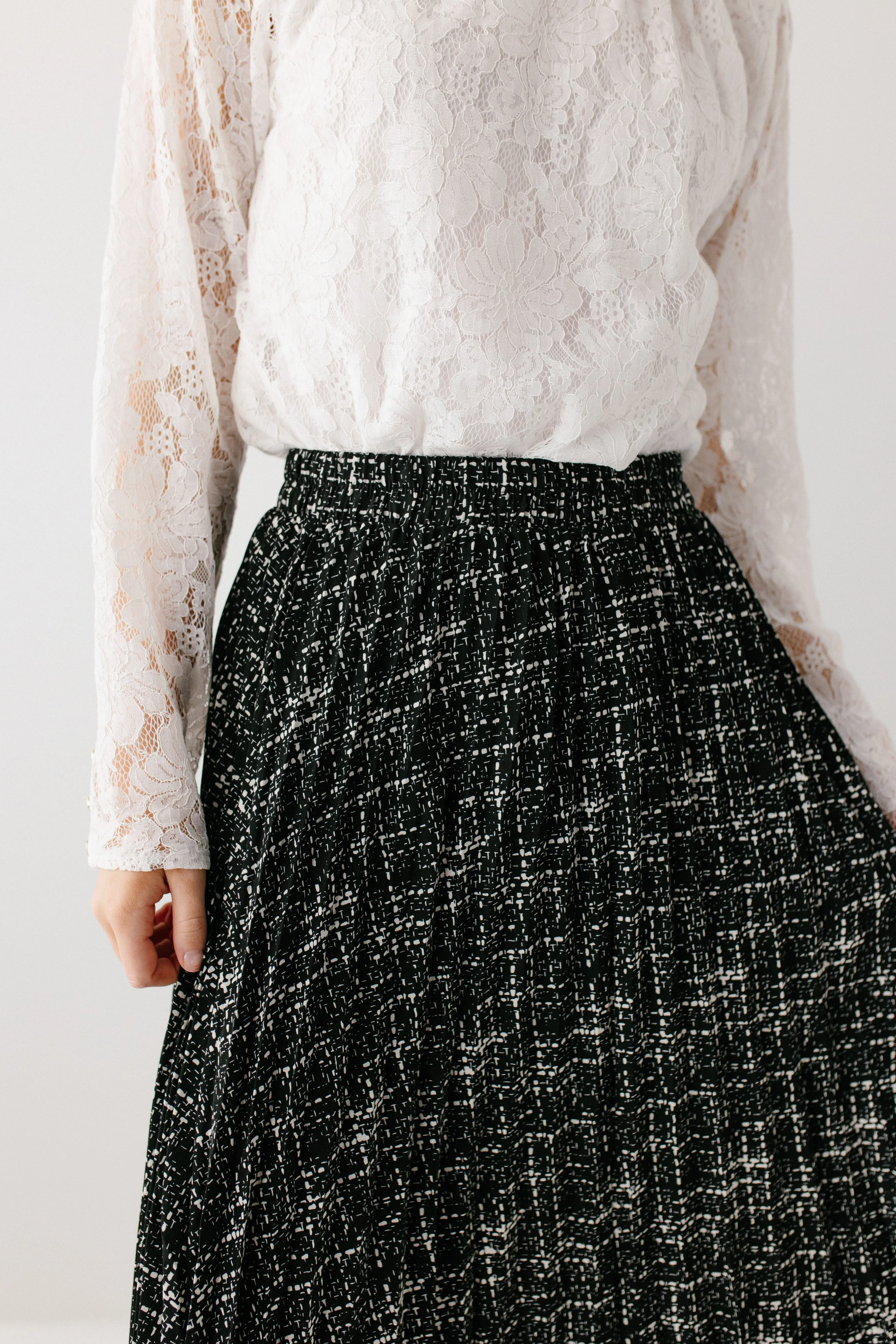 'Lucille' Pleated Print Midi Skirt in Black FINAL SALE