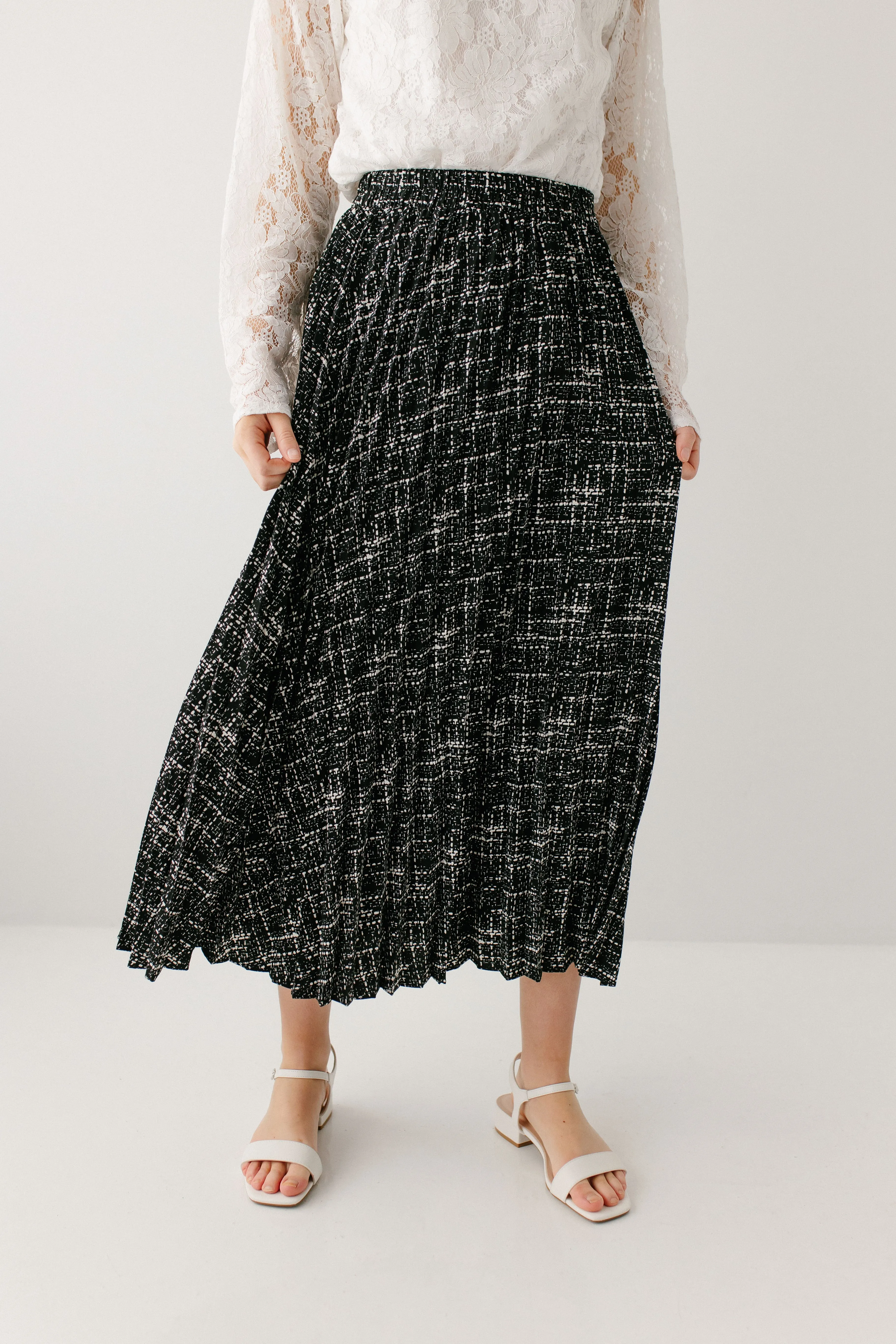 'Lucille' Pleated Print Midi Skirt in Black FINAL SALE