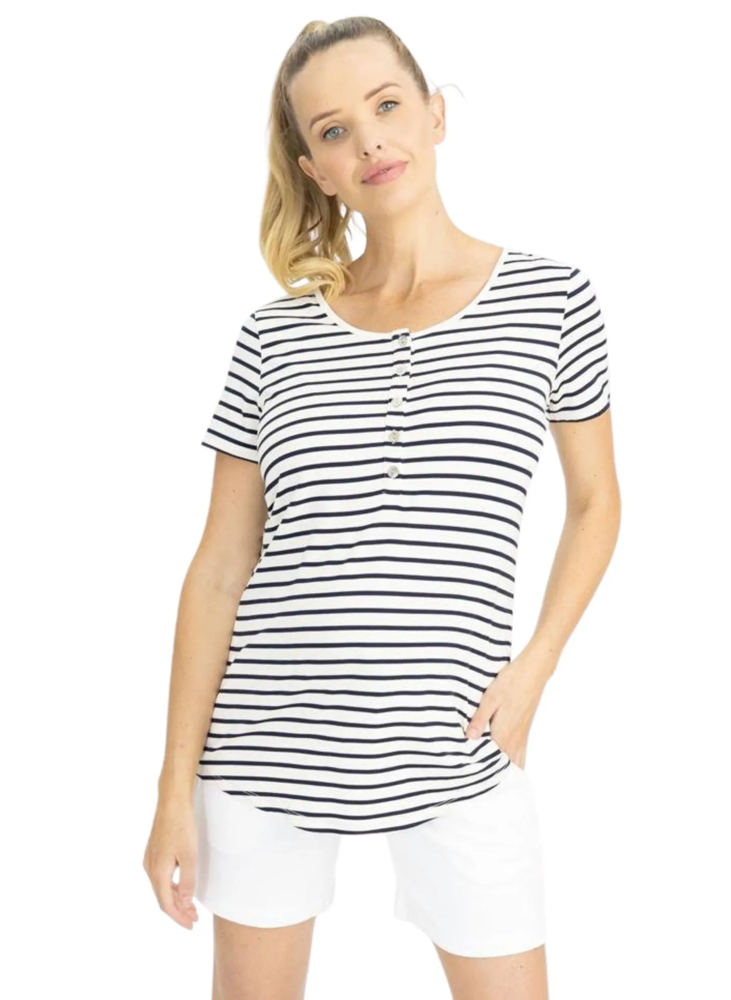 Maternity & Nursing Tee with Button Front - Navy Stripes