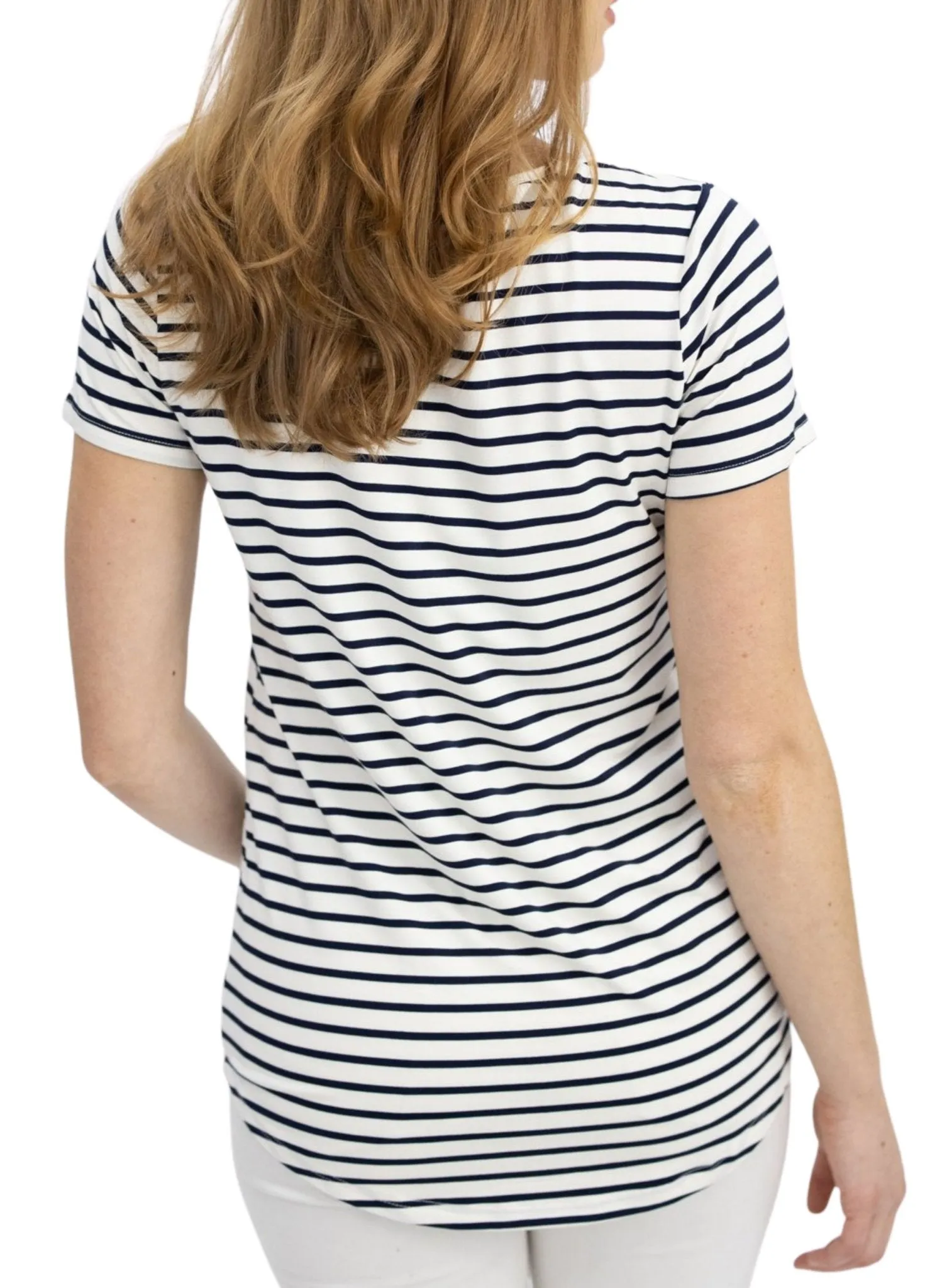 Maternity & Nursing Tee with Button Front - Navy Stripes