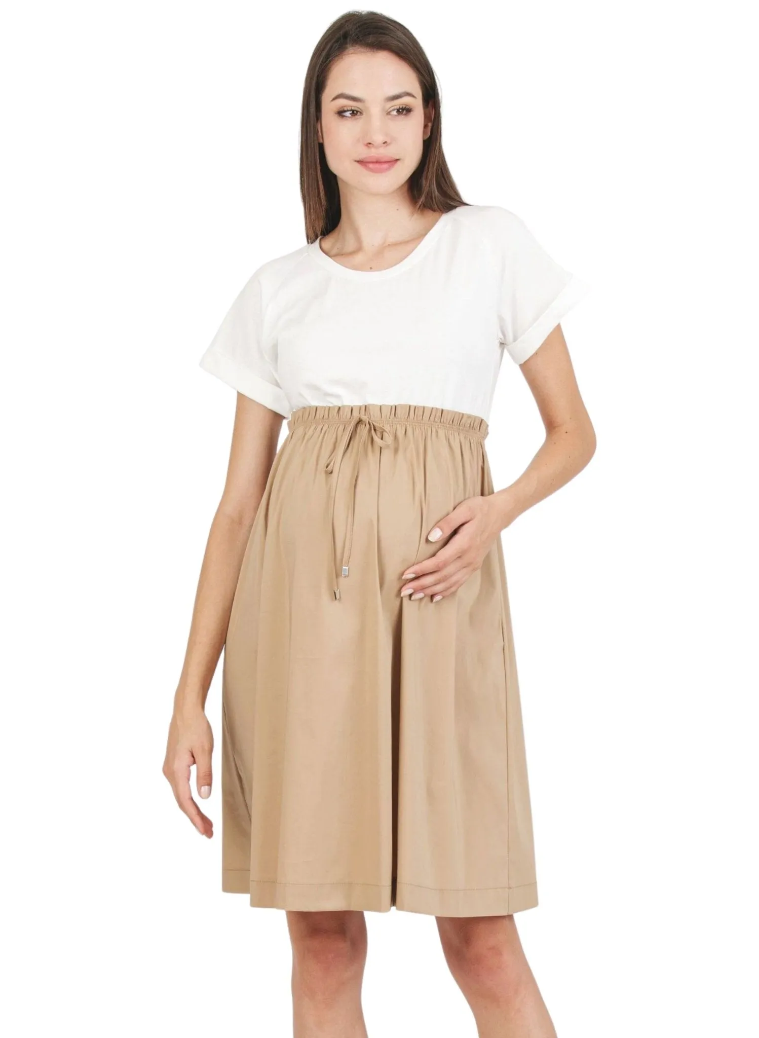 Maternity Dress with Cotton Skirt - Camel