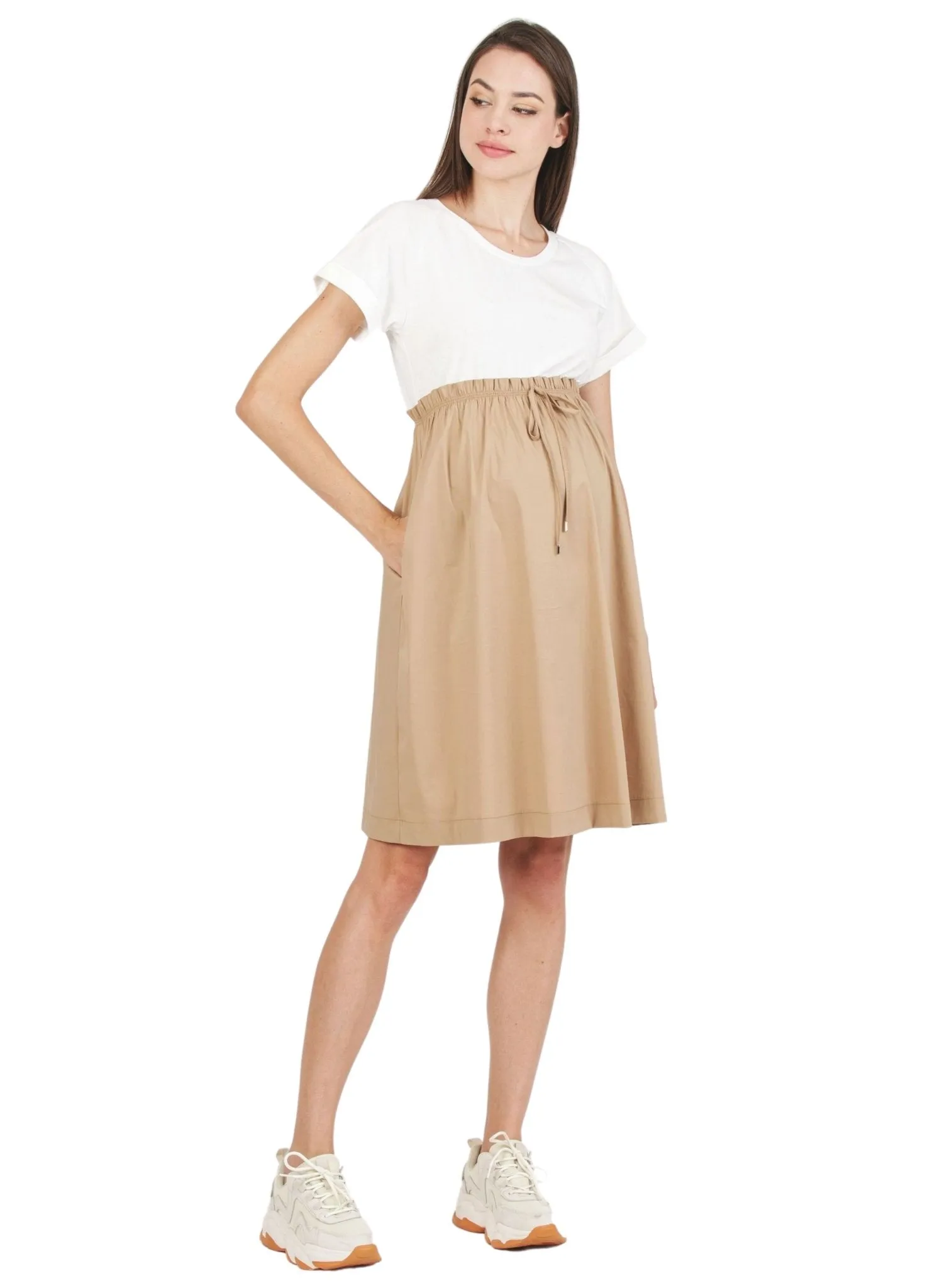 Maternity Dress with Cotton Skirt - Camel