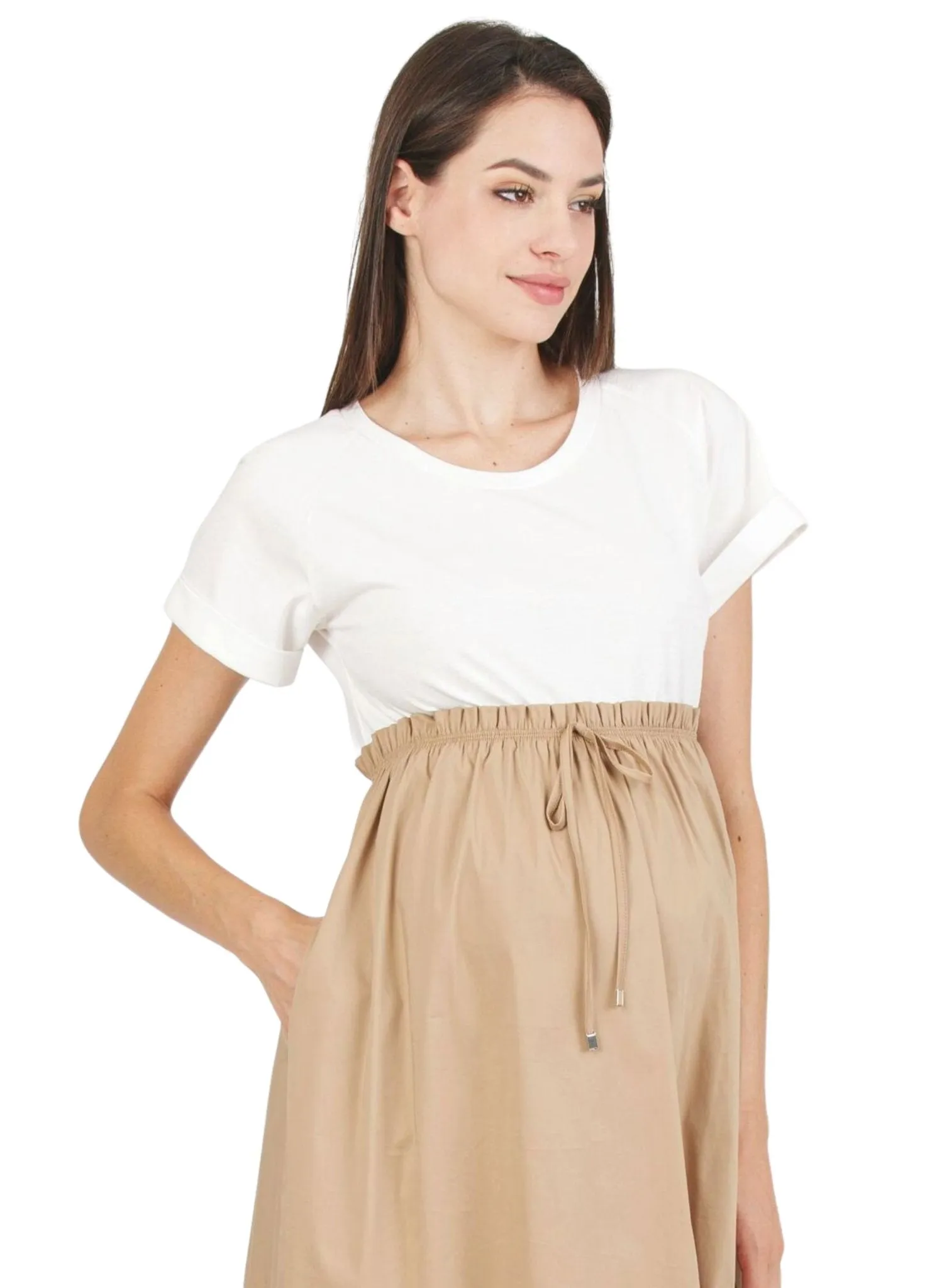 Maternity Dress with Cotton Skirt - Camel