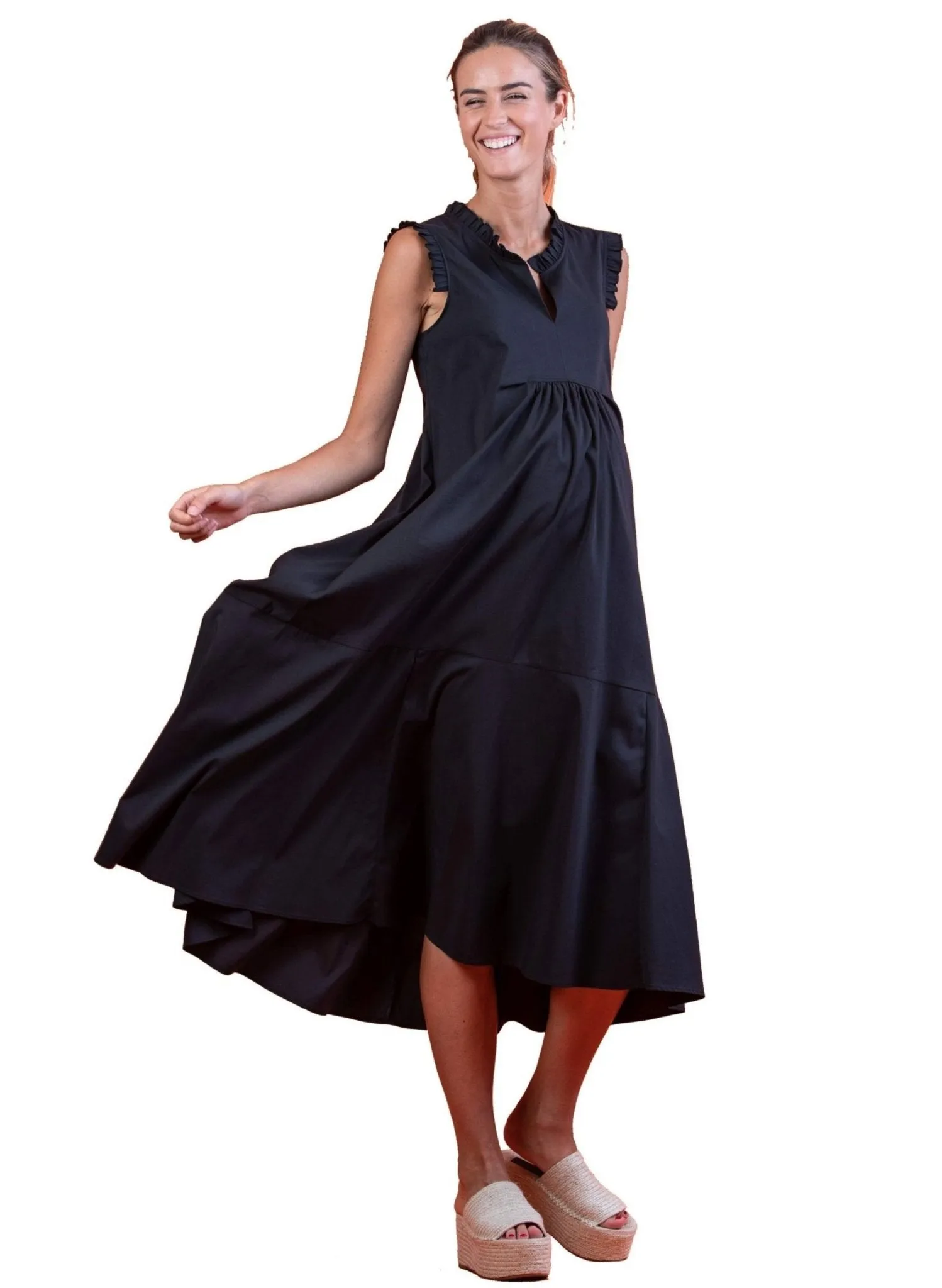 Maternity Midi Dress with Frill Trims - Black