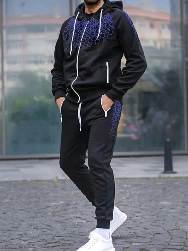 Men's Zipper Hooded Cardigan Jacket Honeycomb Print Casual Sweatshirt Trousers Set